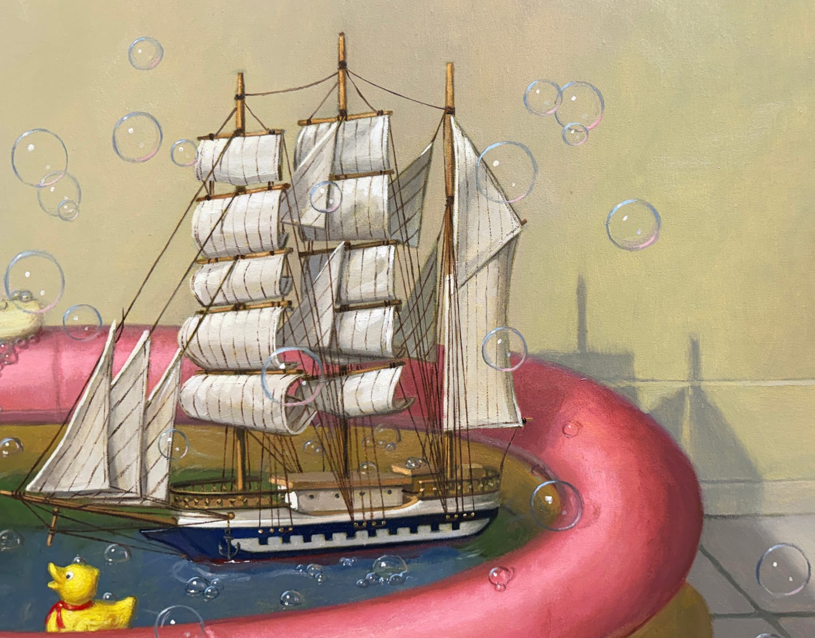 Painting of balloon dog taking a bath