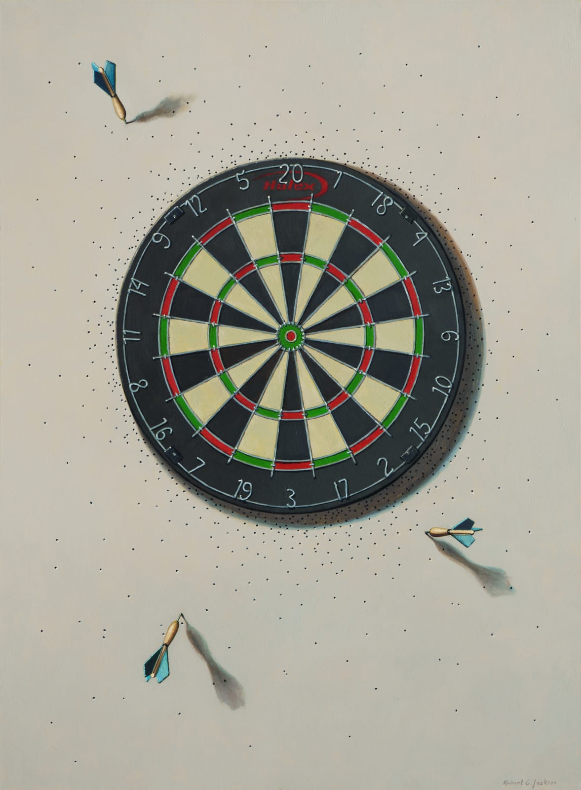 Painting of a realist dart board with missed darts in the wall surrounding it