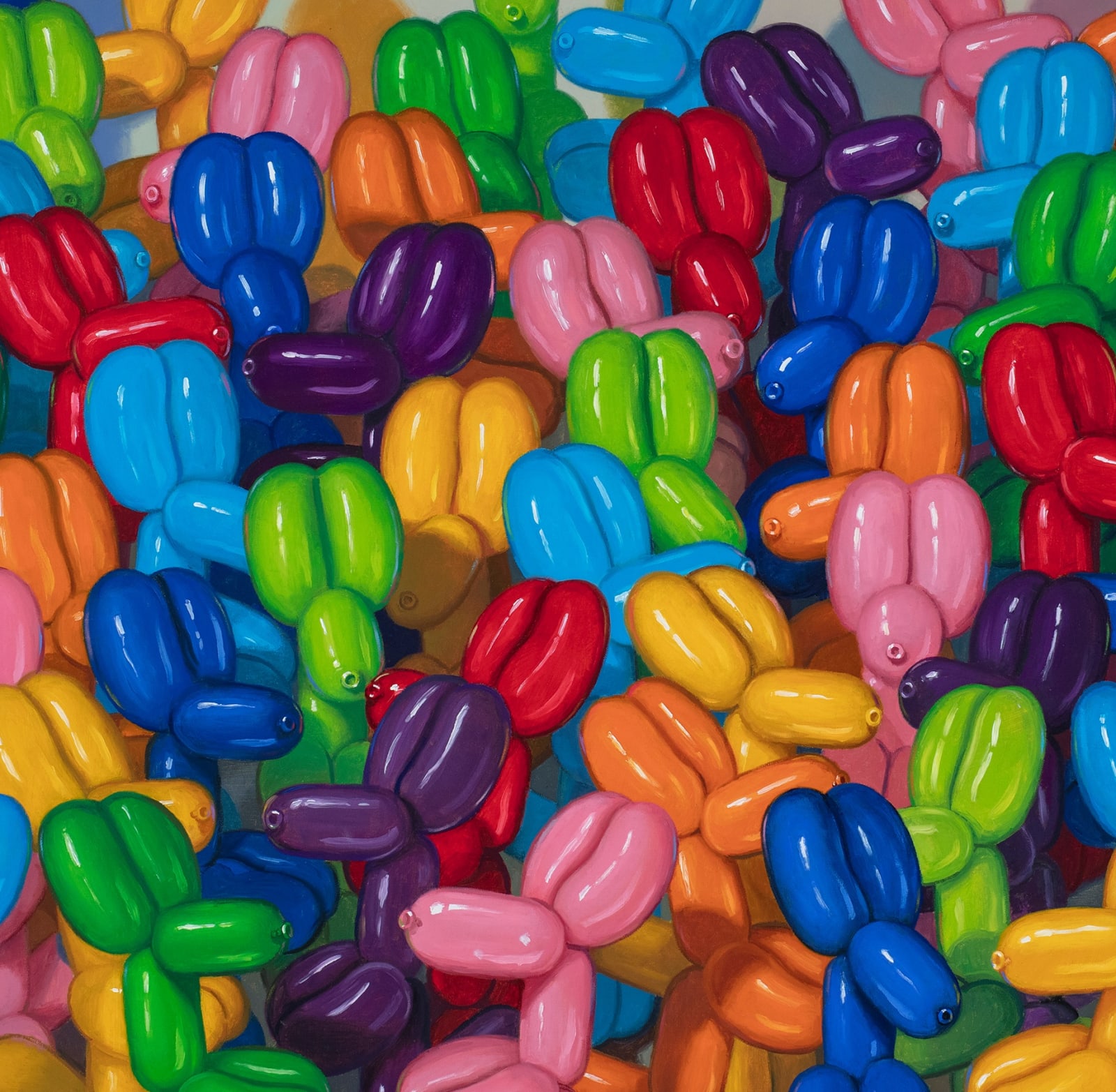 Center detail of Multicolored balloon dogs gathered in a large group