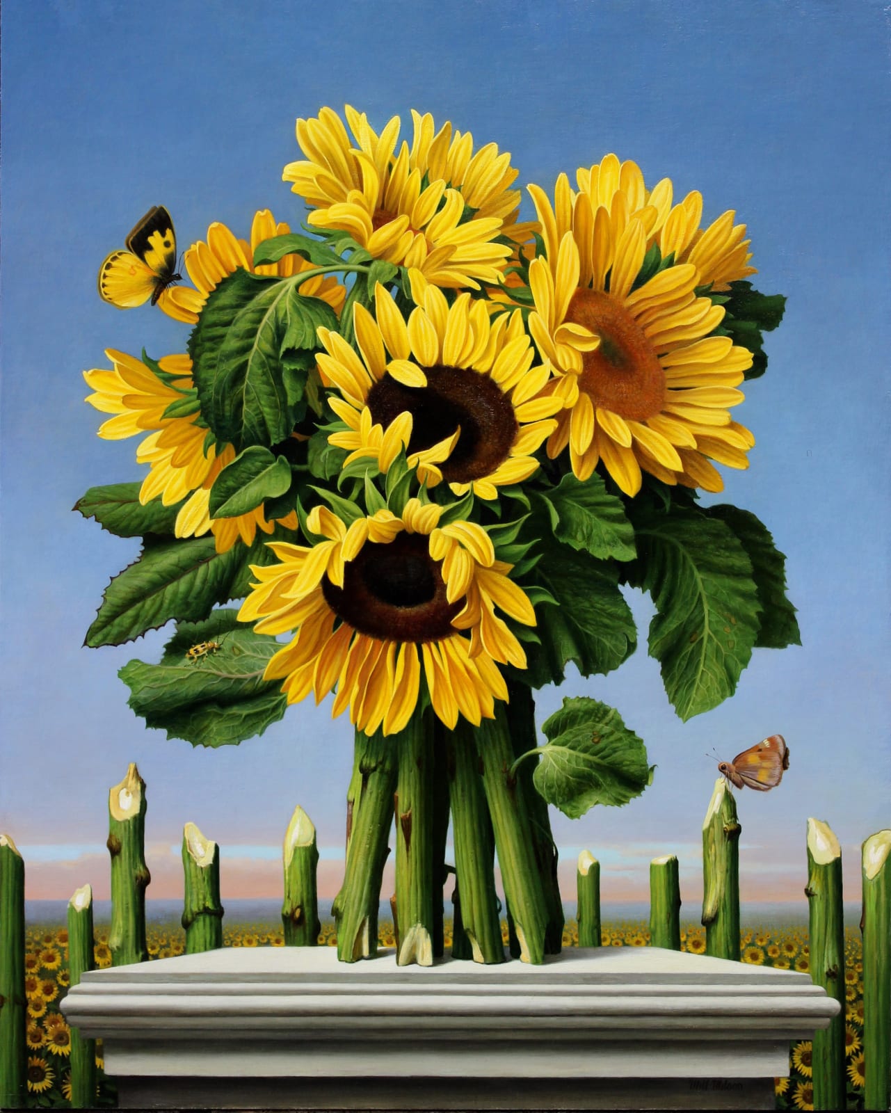Oil painting of Sunflower on pedestal with cup stems behind on panel