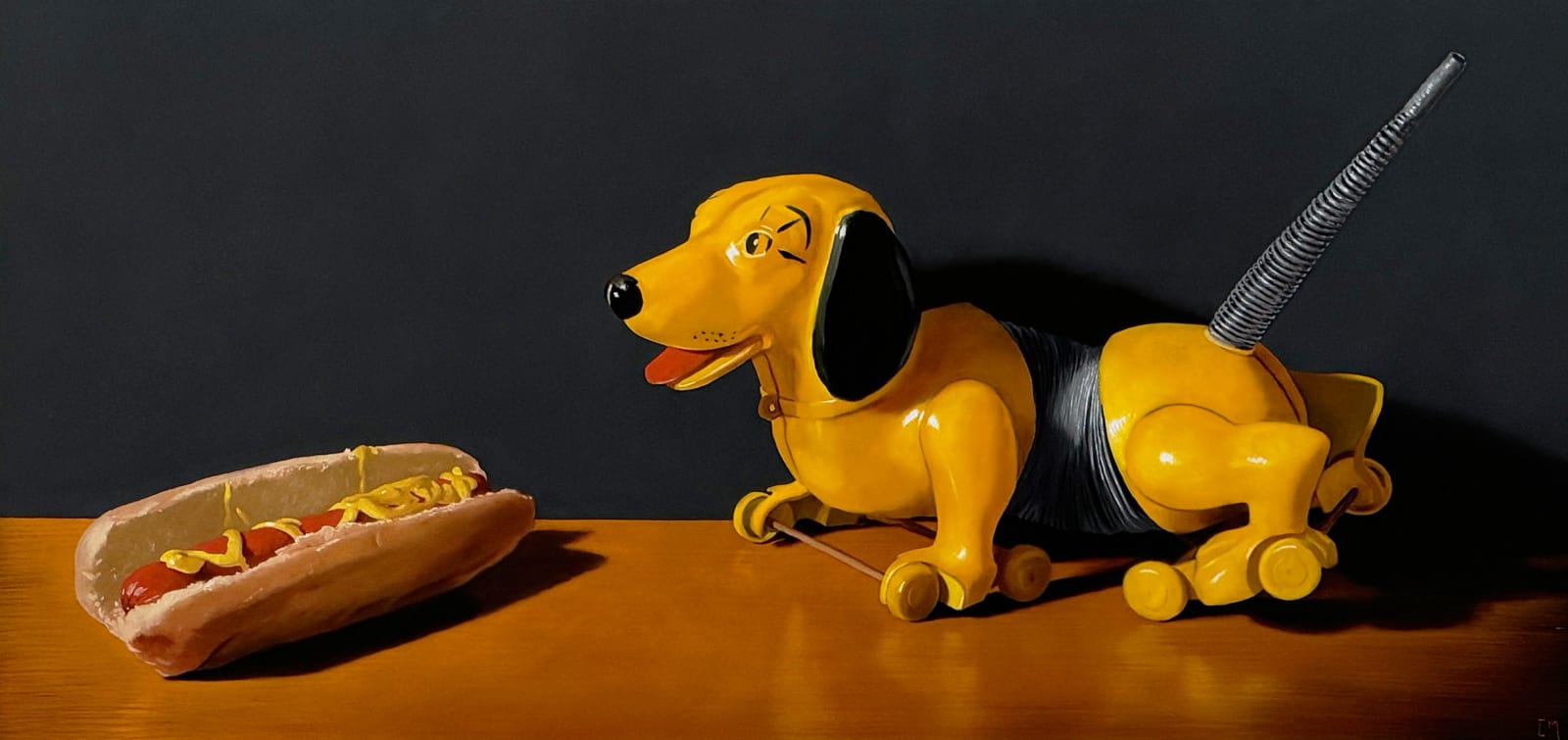 Painting of a toy dog with a hot dog