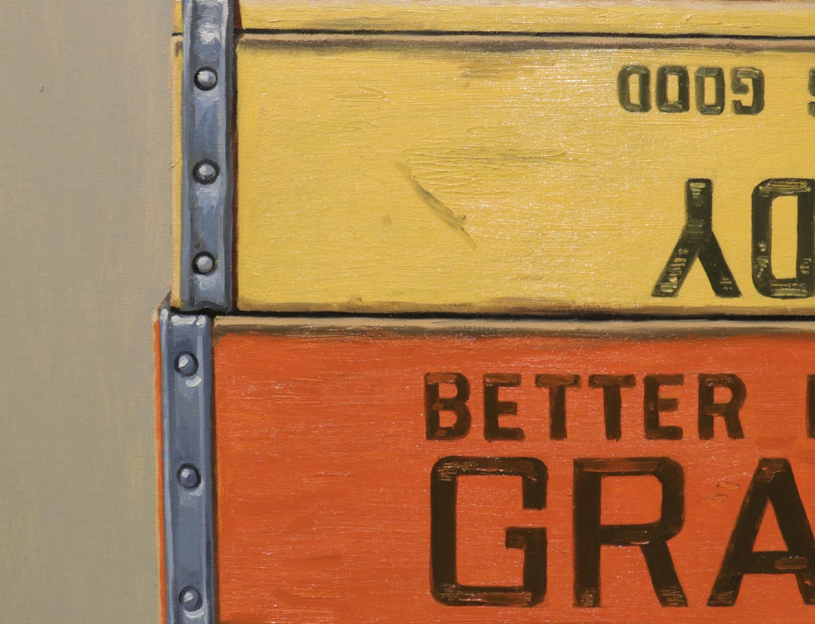 Left detail of Goldfish in different drinking vessels on yellow and orange soda boxes