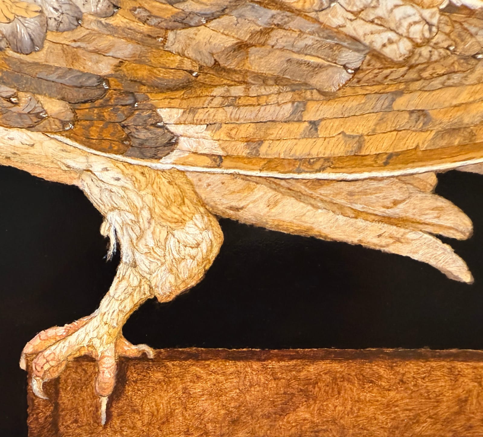 Painting of a brown owl on a ledge