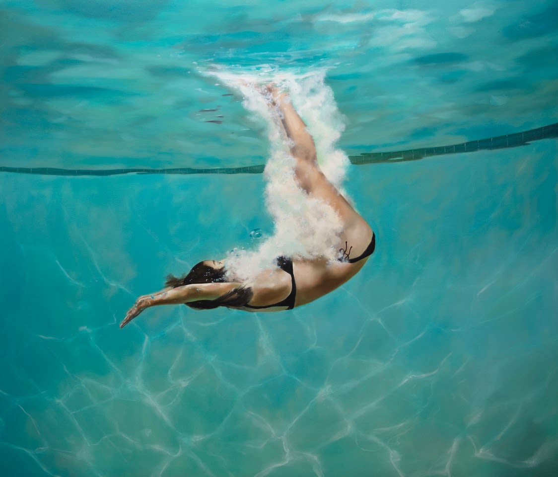 Oil painting of girl diving in water on canvas