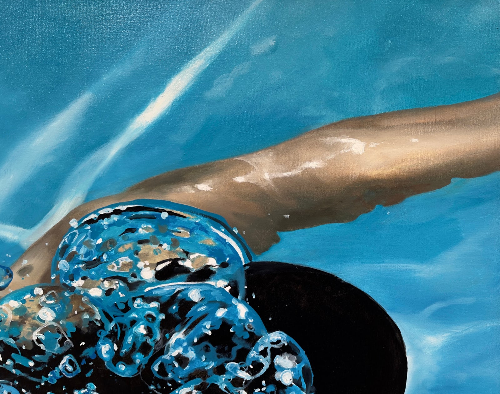Painting of a woman swimming under water