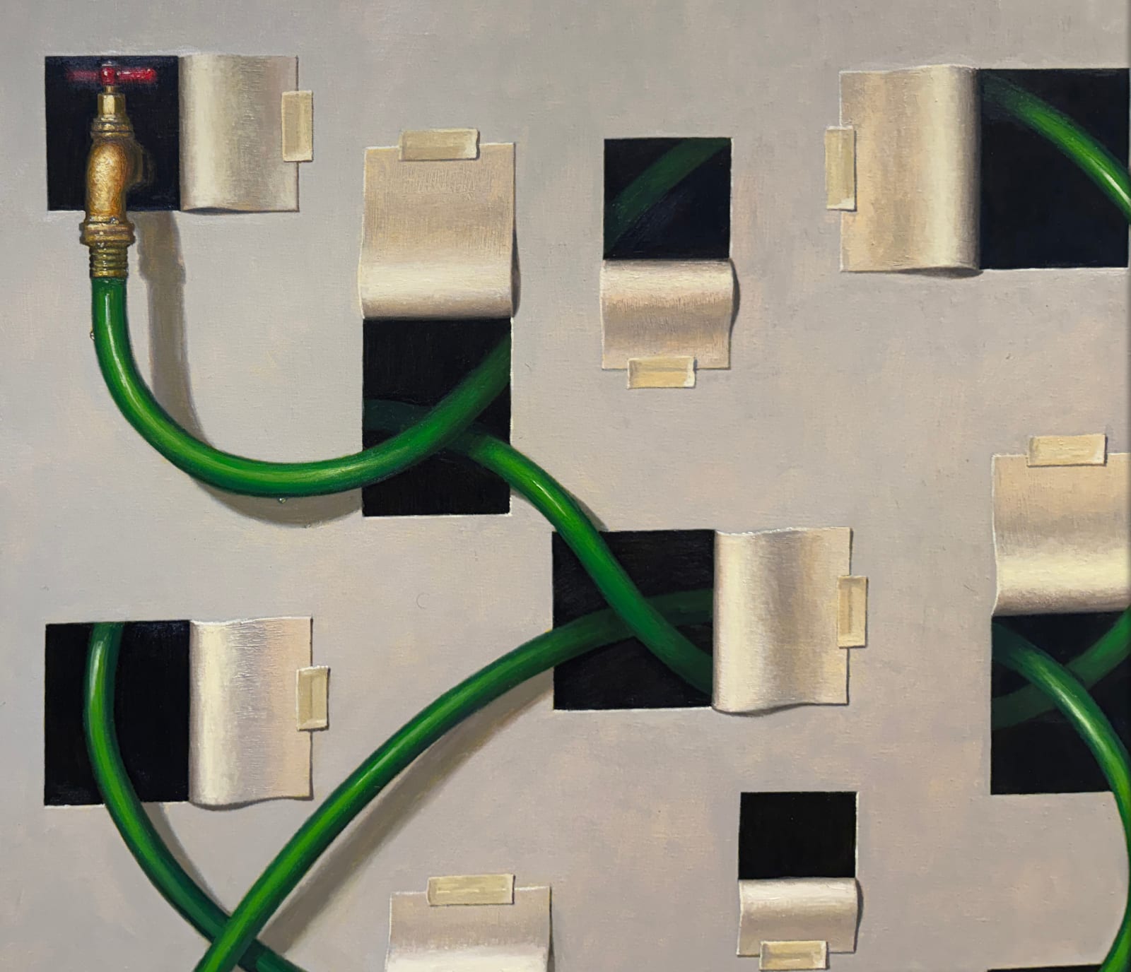 Painting of a hose winding through paper cut outs