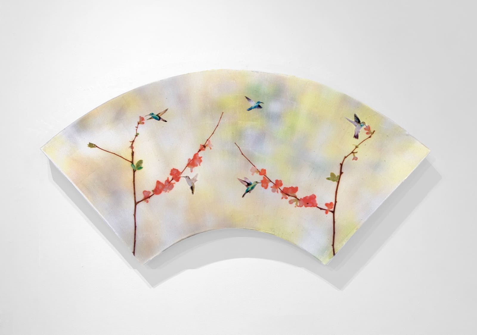 Mixed media work with Aged Silver Leaf with Pigment Print, Acrylic Paint, Watercolors and Resin on Fan-Shaped Panel