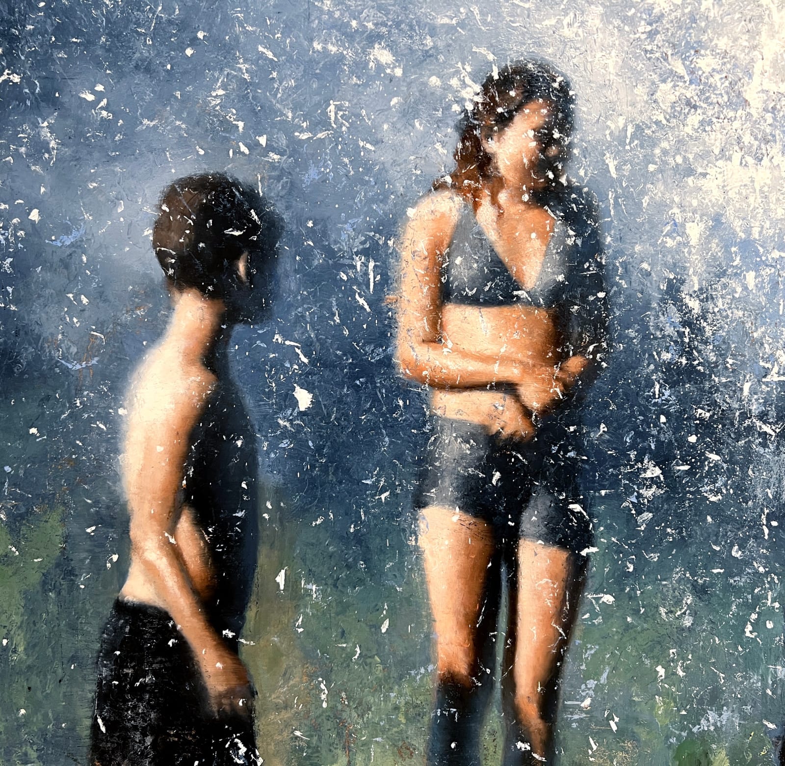 Oil painting of kids playing in sprinkler on panel