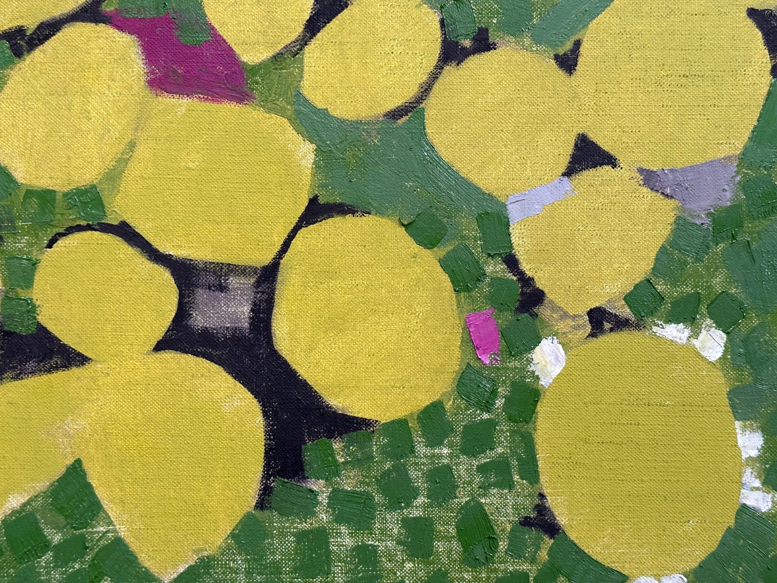 Abstracted painting of yellow leaves on a green speckled background