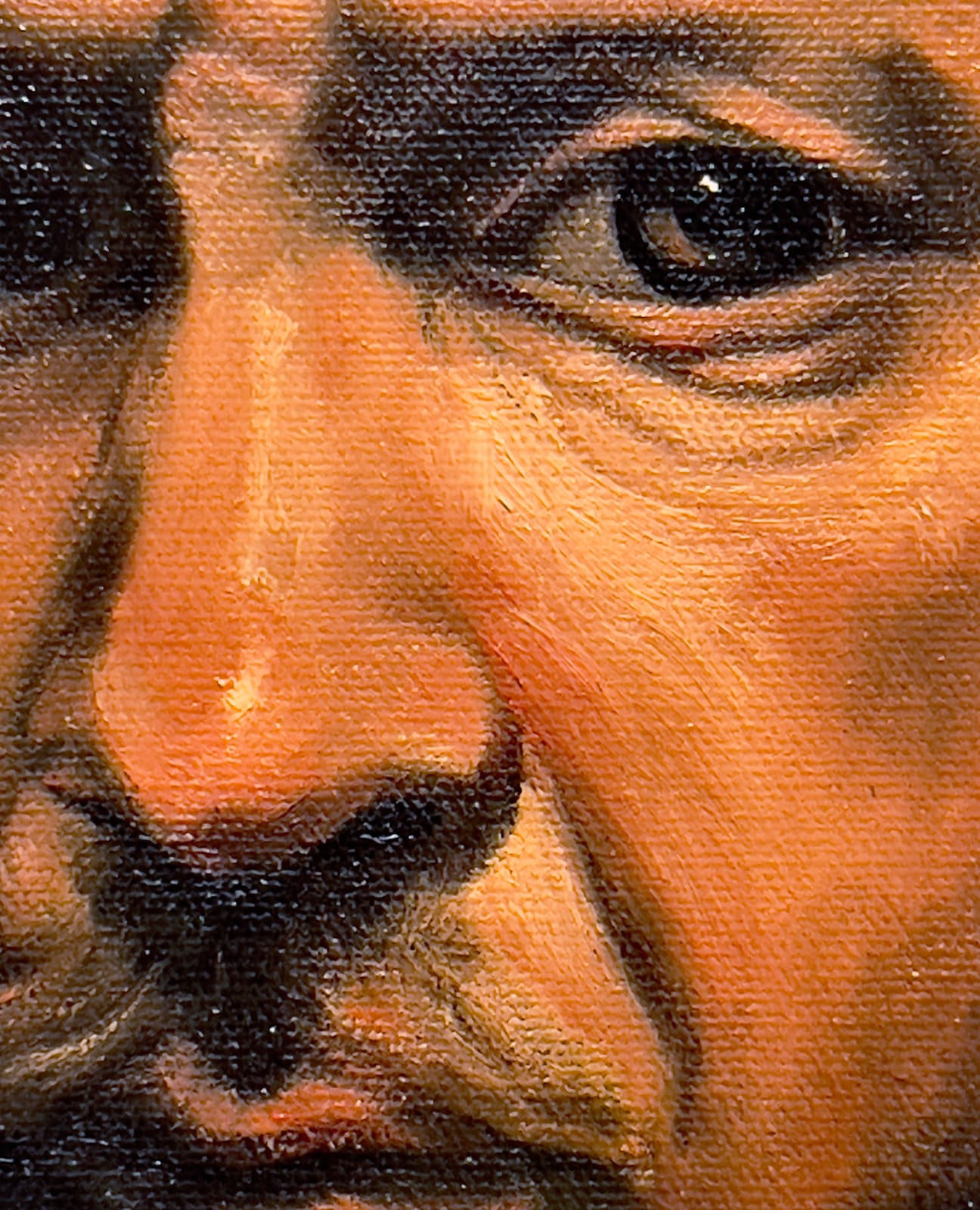 Trompe l'œil painting of a balloon dog cutting through a Rembrandt portrait