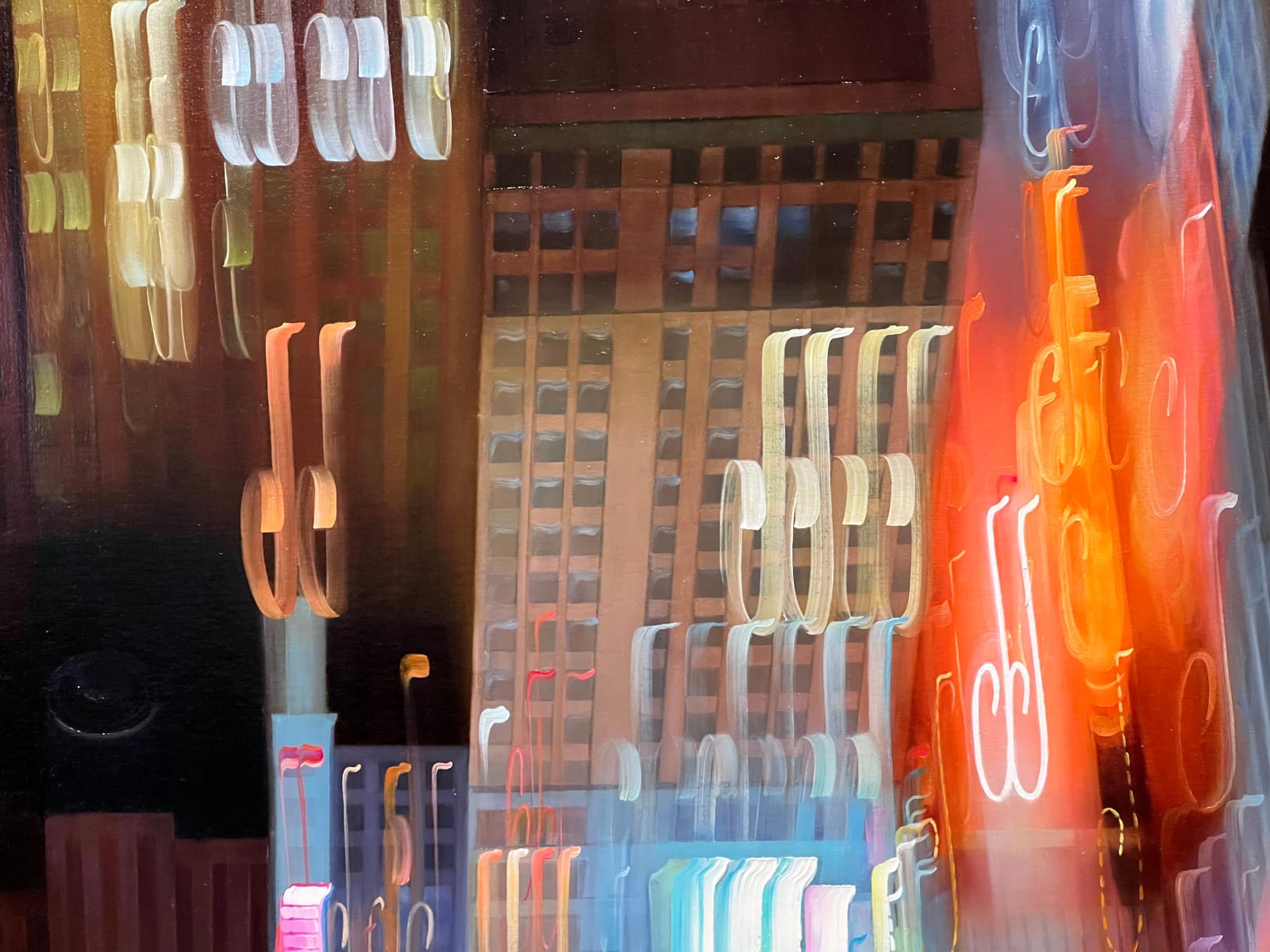 Oil painting of Aerial view looking down over a city on linen