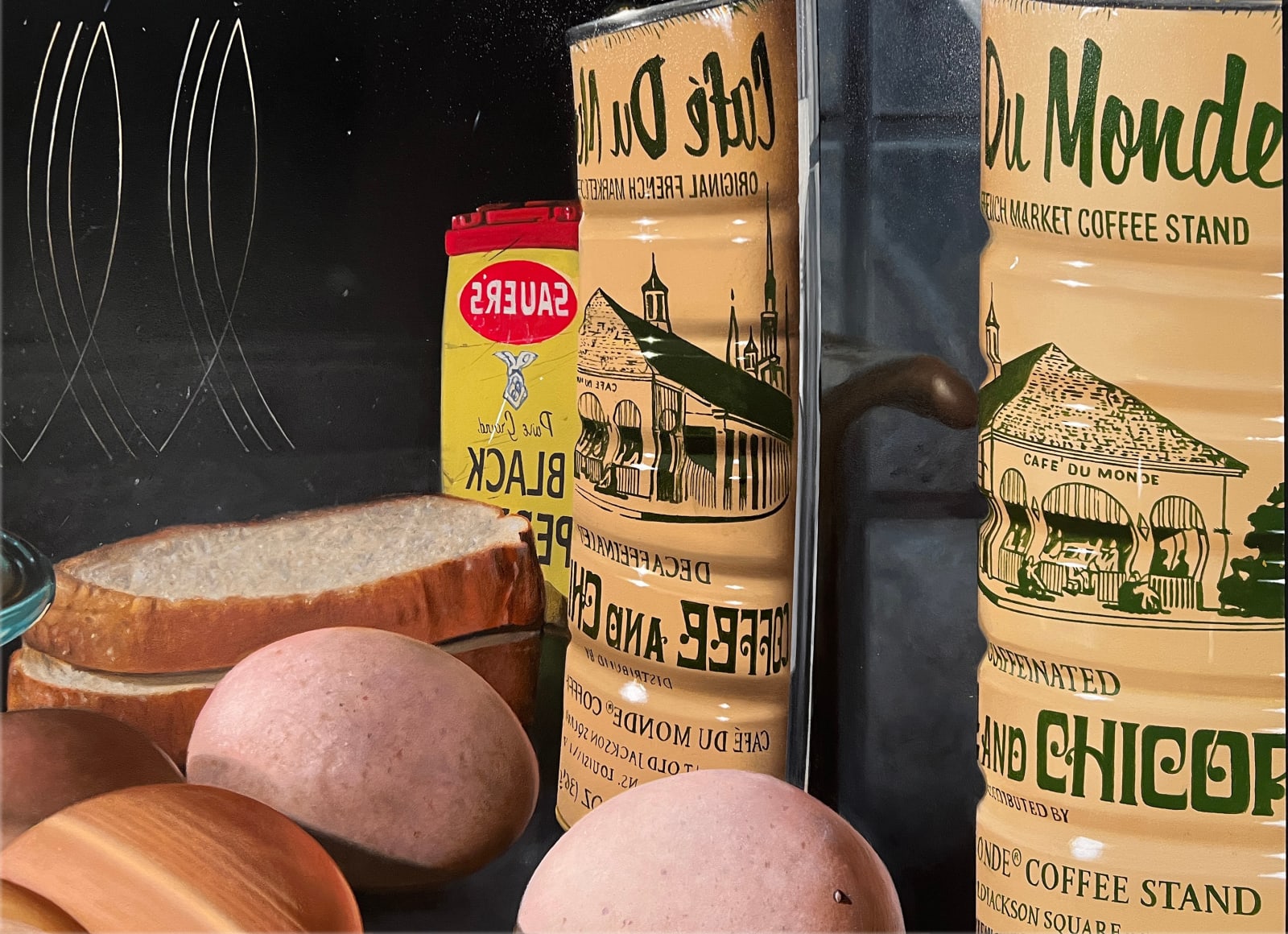 Bowl with whisk and broken eggs alongside 4 whole eggs and coffee tin