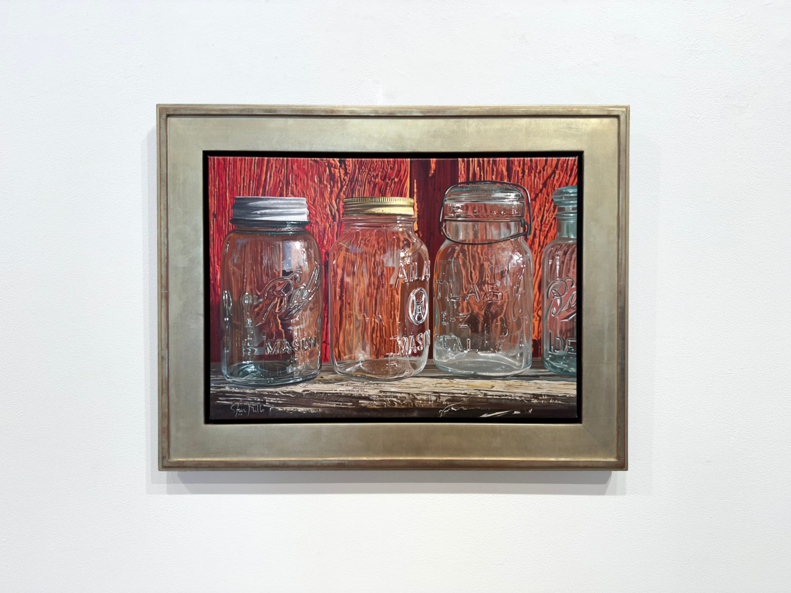 Painting of glass mason jars on a wood table in front of a red wall