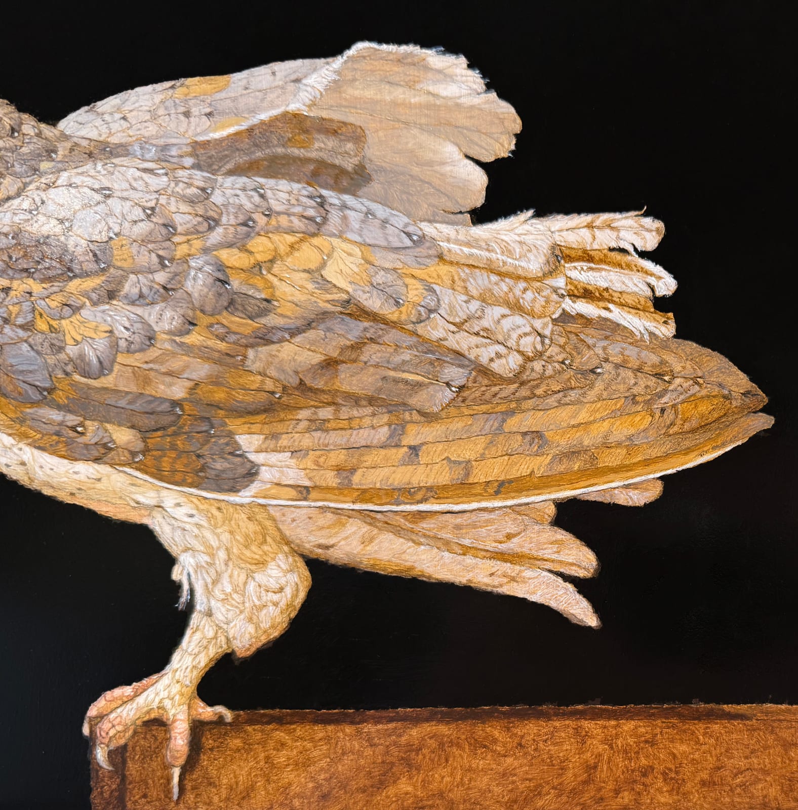 Painting of a brown owl on a ledge