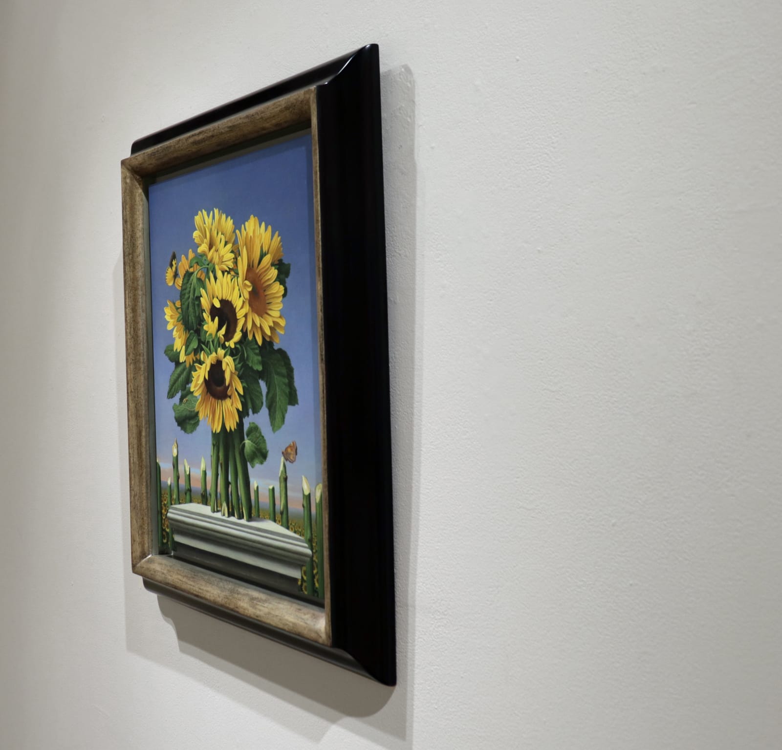 Oil painting of Sunflower on pedestal with cup stems behind on panel