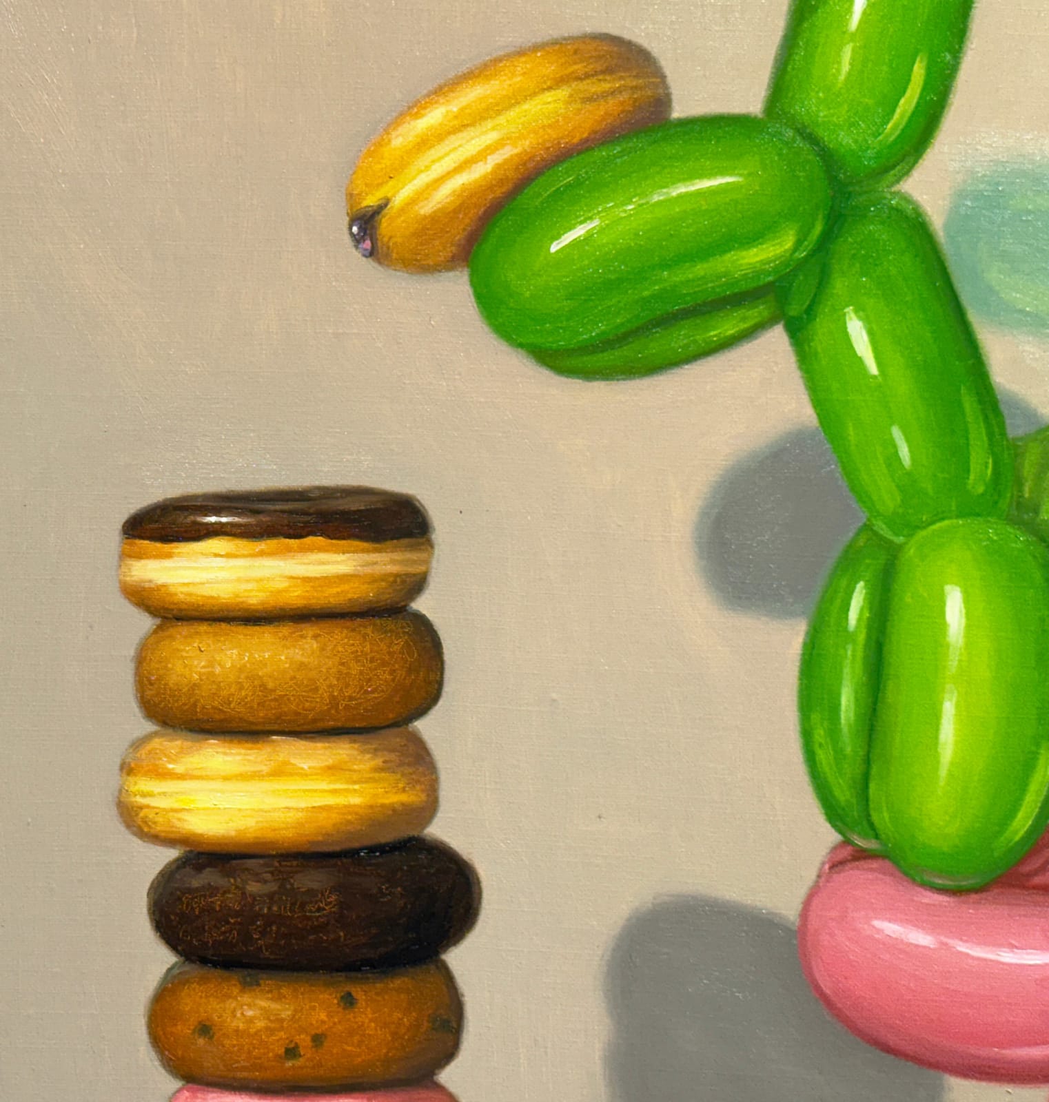 Painting of balloon dogs stacking donuts