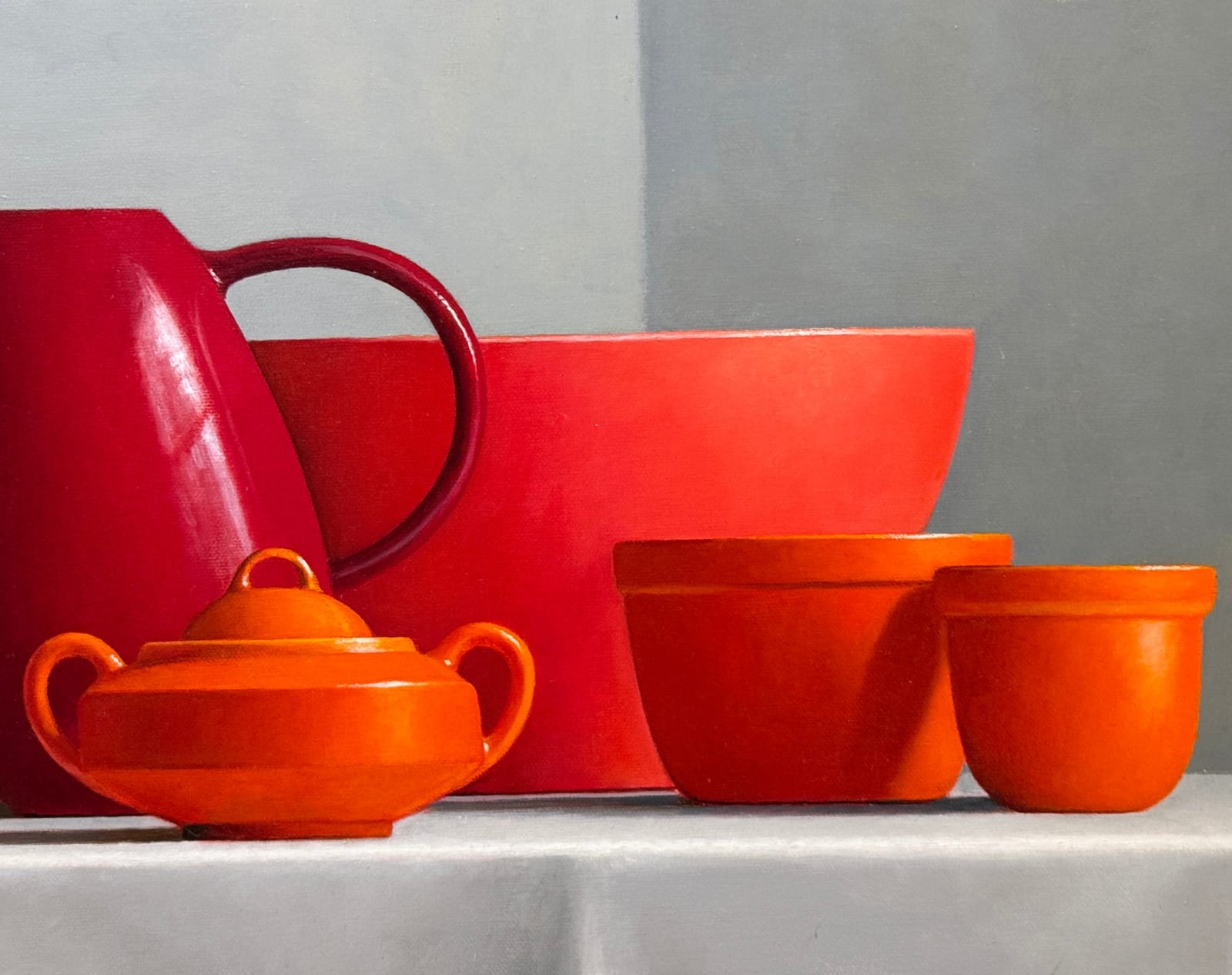 Painting of a still life with red vessels