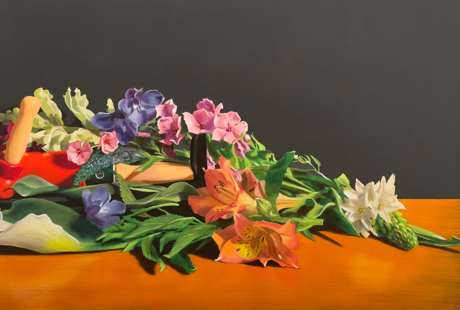 Still life painting of a Pinocchio doll under flowers