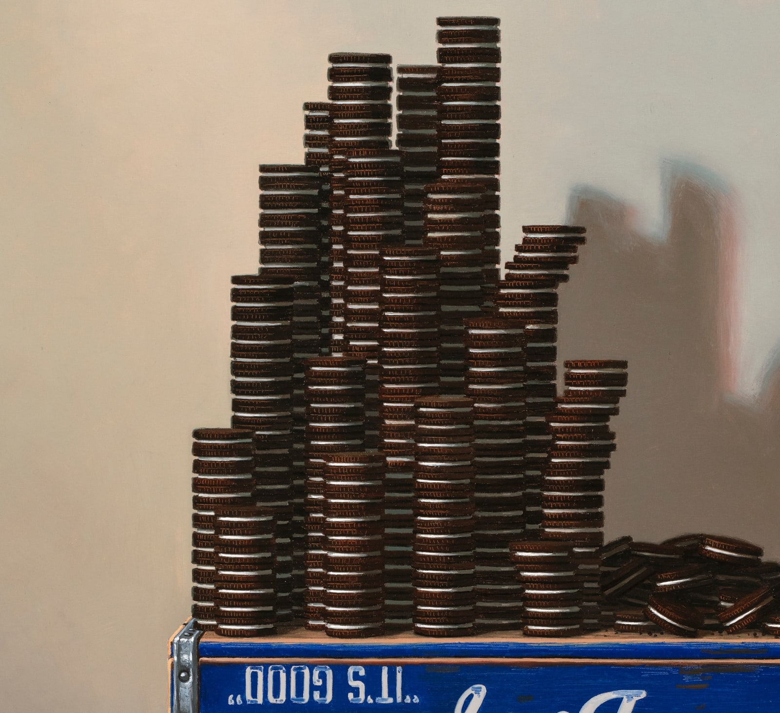 Top right detail of Stacks of oreos with fallen stacks on ground