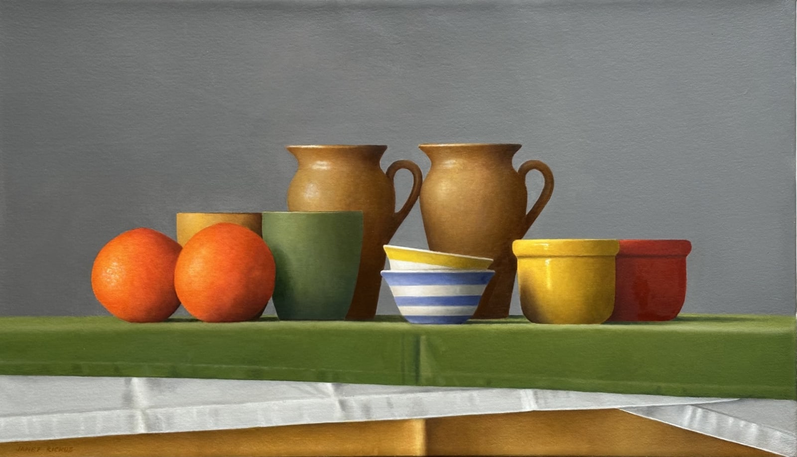 Still life painting with vessels and oranges