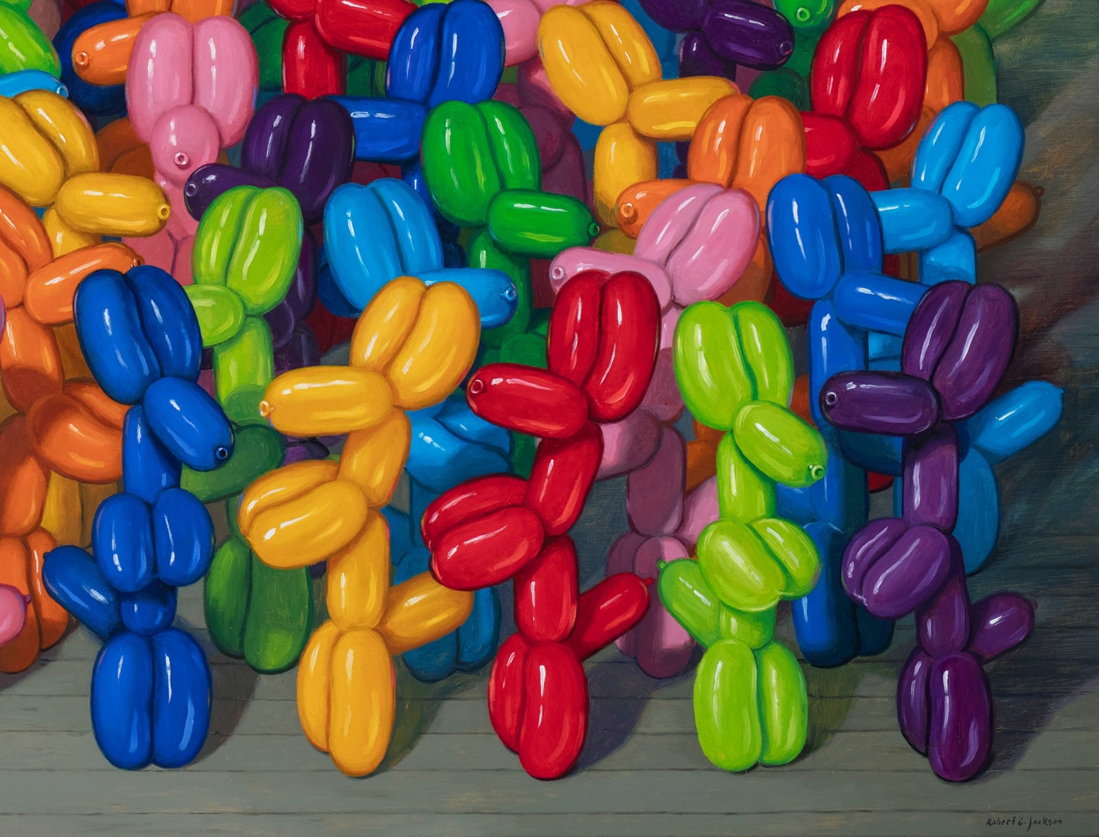 Lower right detail of Multicolored balloon dogs gathered in a large group