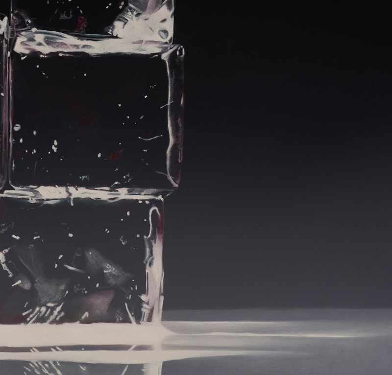 Oil painting of two stacks of transparent ice cubes before black background