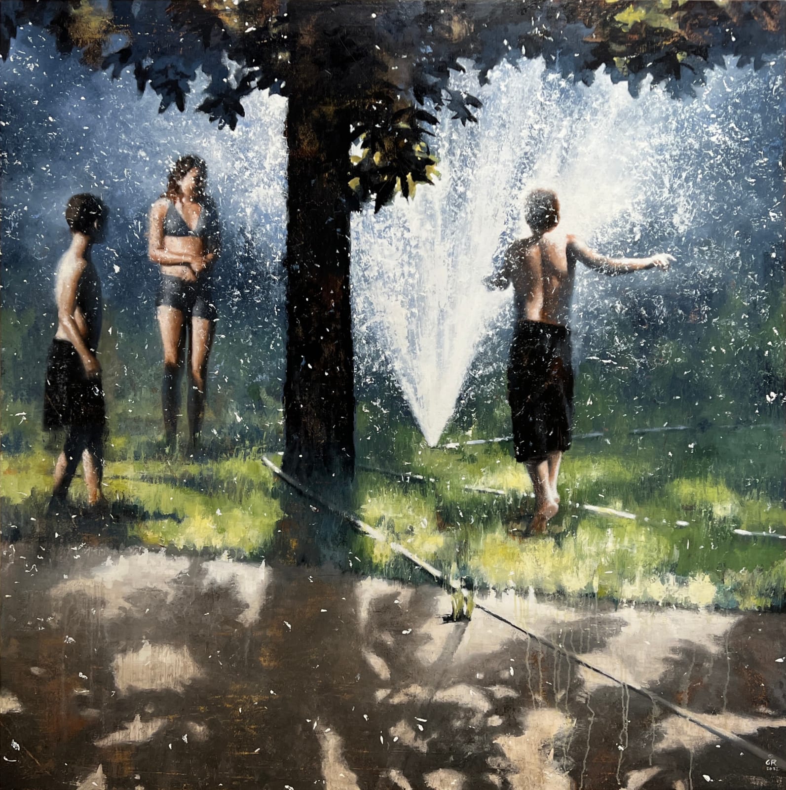 Oil painting of kids playing in sprinkler on panel