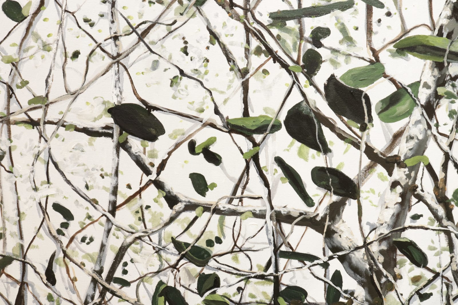 Oil painting of green bushes and leaves on canvas