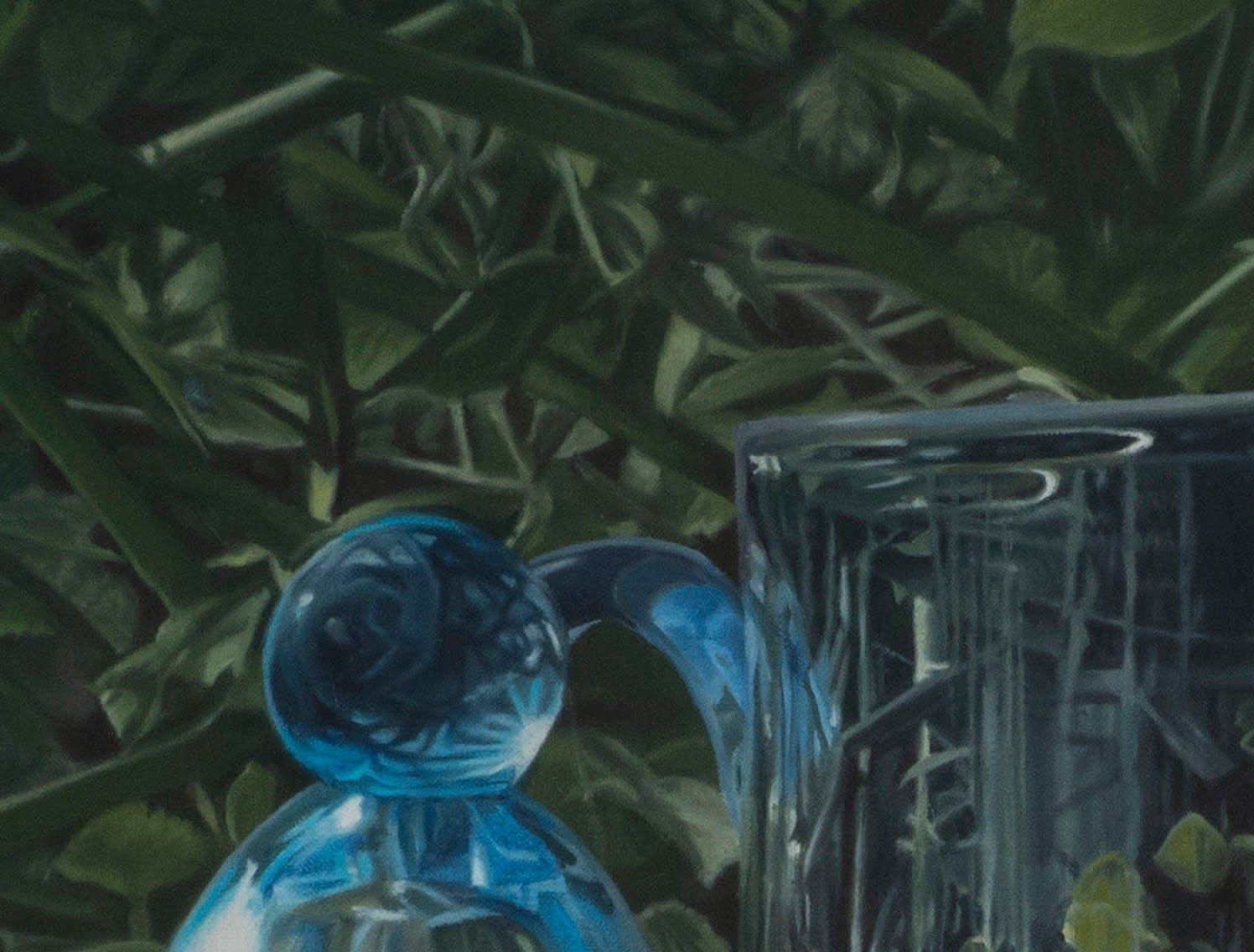 Oil painting of 4 glass vessels before foliage on linen