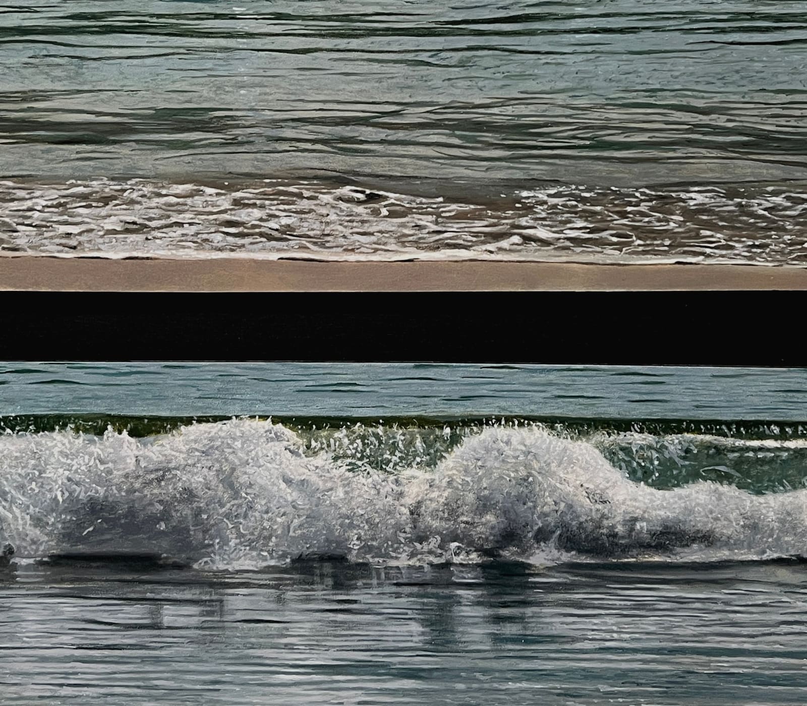 Three panel hyperreal oil painting of waves on panel