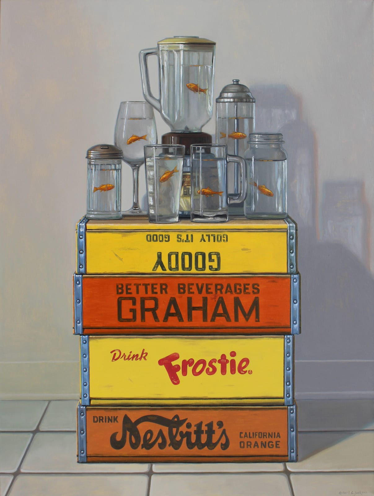 Goldfish in different drinking vessels on yellow and orange soda boxes