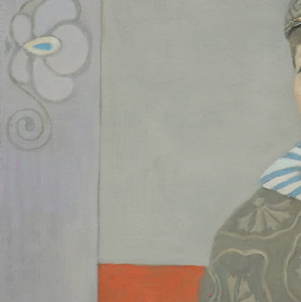 Left side detail of Woman sitting with white crane on shoulder