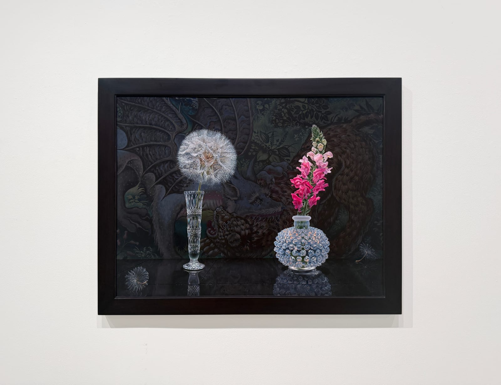 Painting of two glass vases with a goatsbeard and a snapdragon