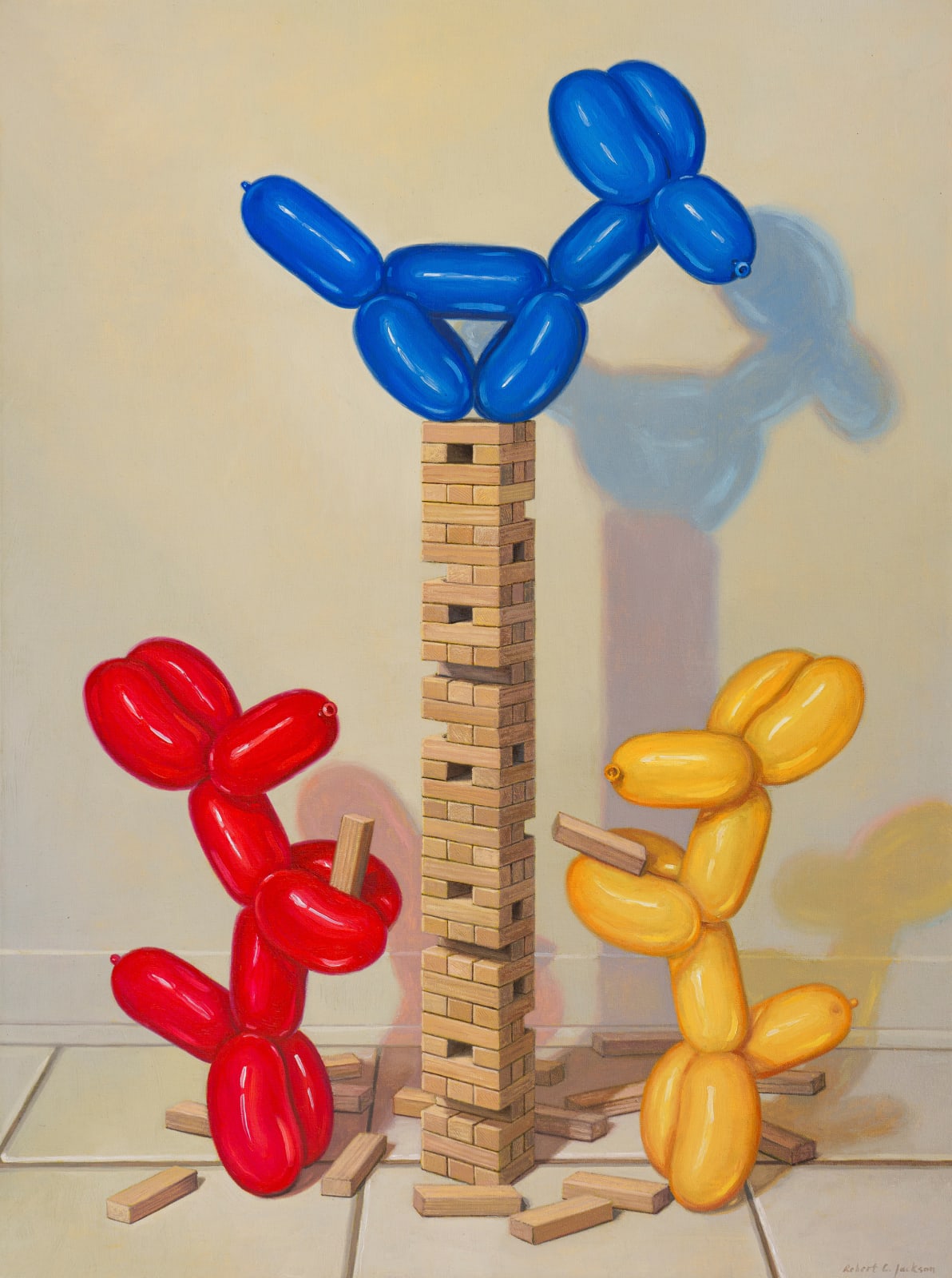 Painting of three balloon dogs playing a game