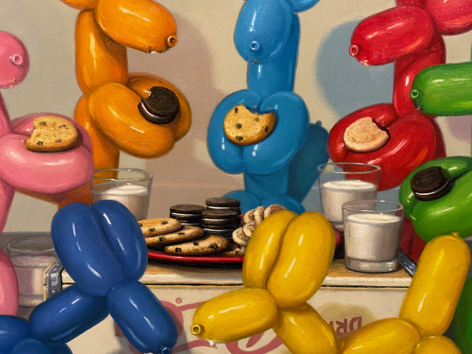 Painting of balloon dogs pretending to dine on cookies and milk