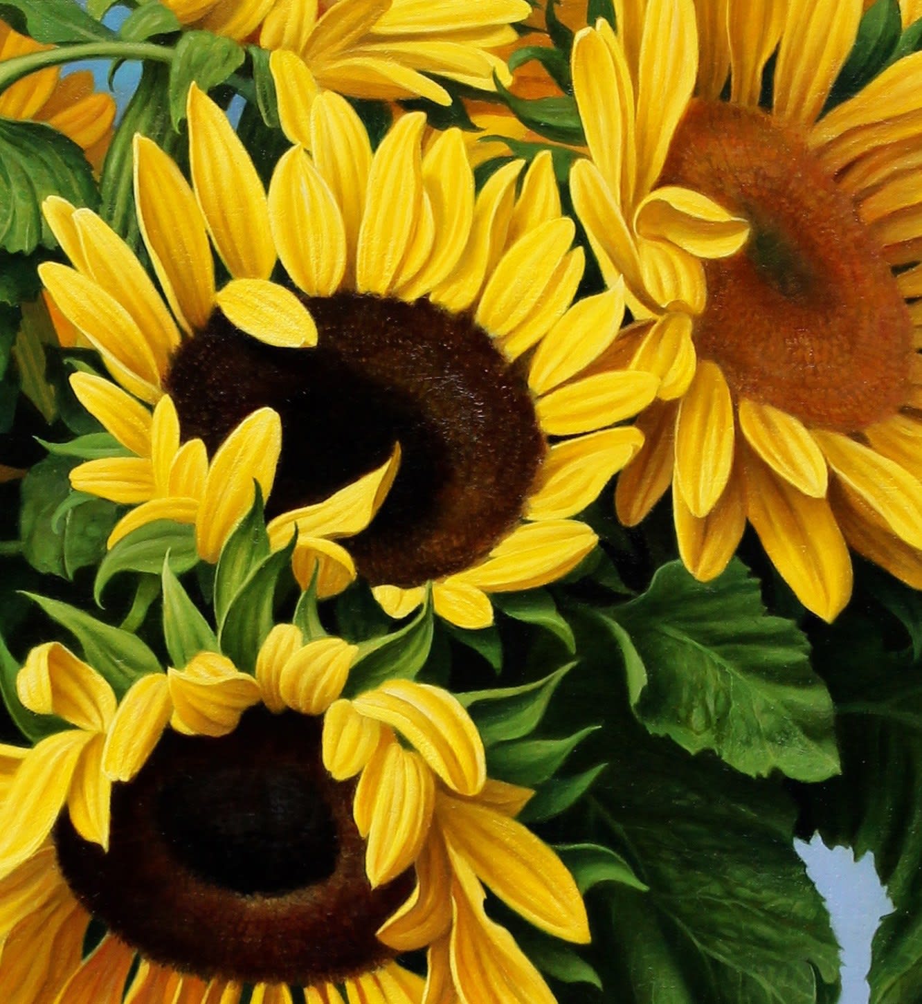 Oil painting of Sunflower on pedestal with cup stems behind on panel