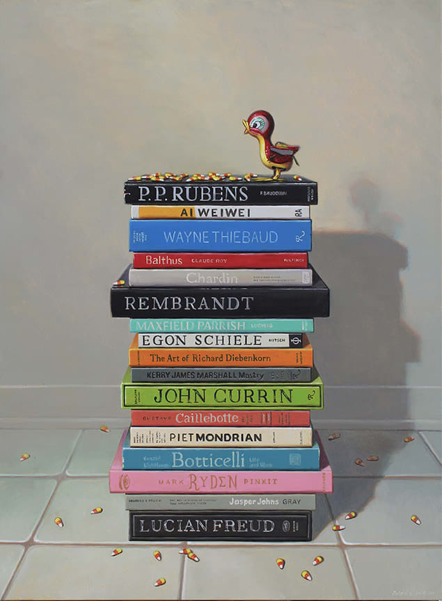 Still life painting of a stack of books with a toy bird atop