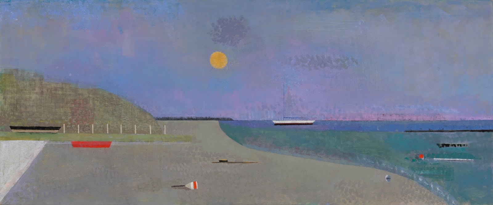 Landscape oil painting of coast line with boats