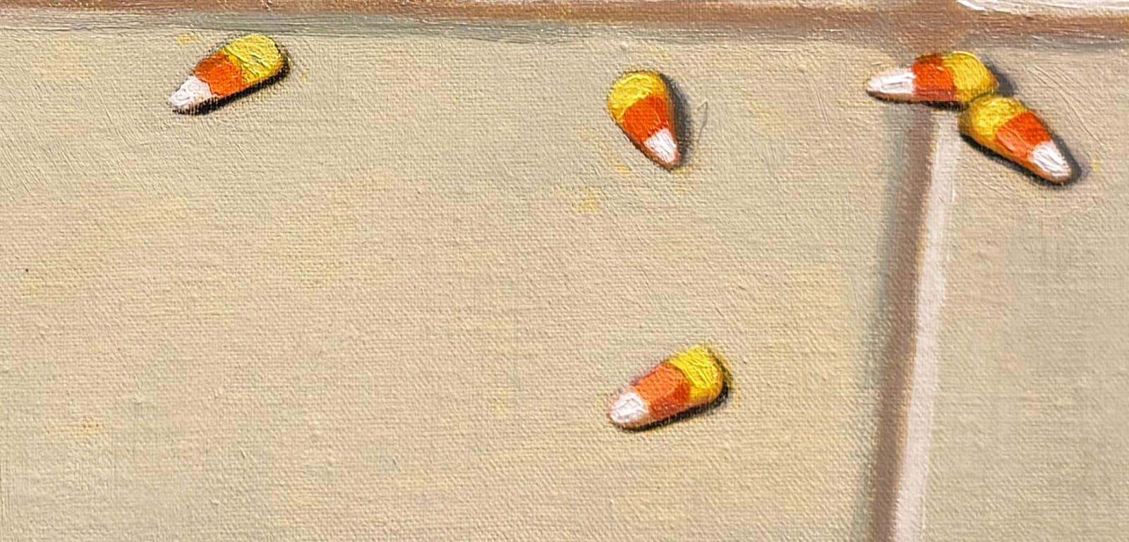 Still life painting of a stack of books with a toy bird atop