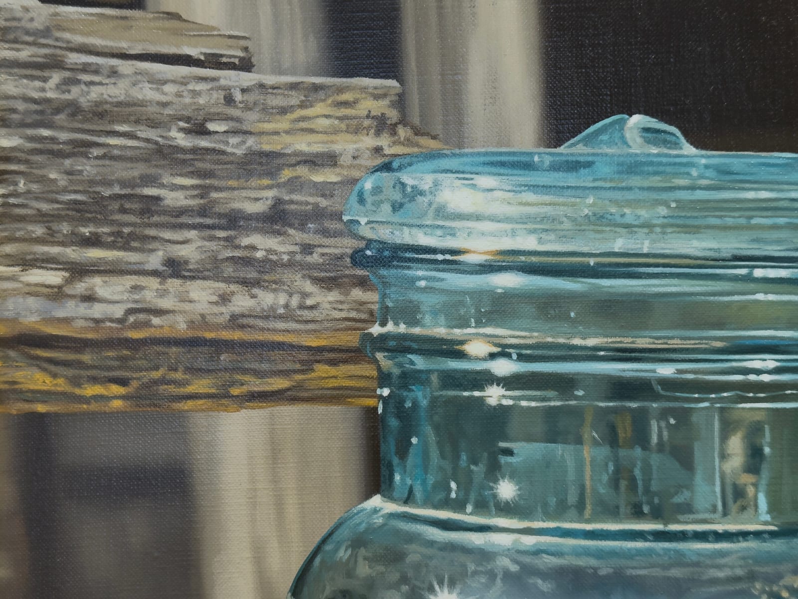 Painting of two glass jars on an old wood fence with a chain lock