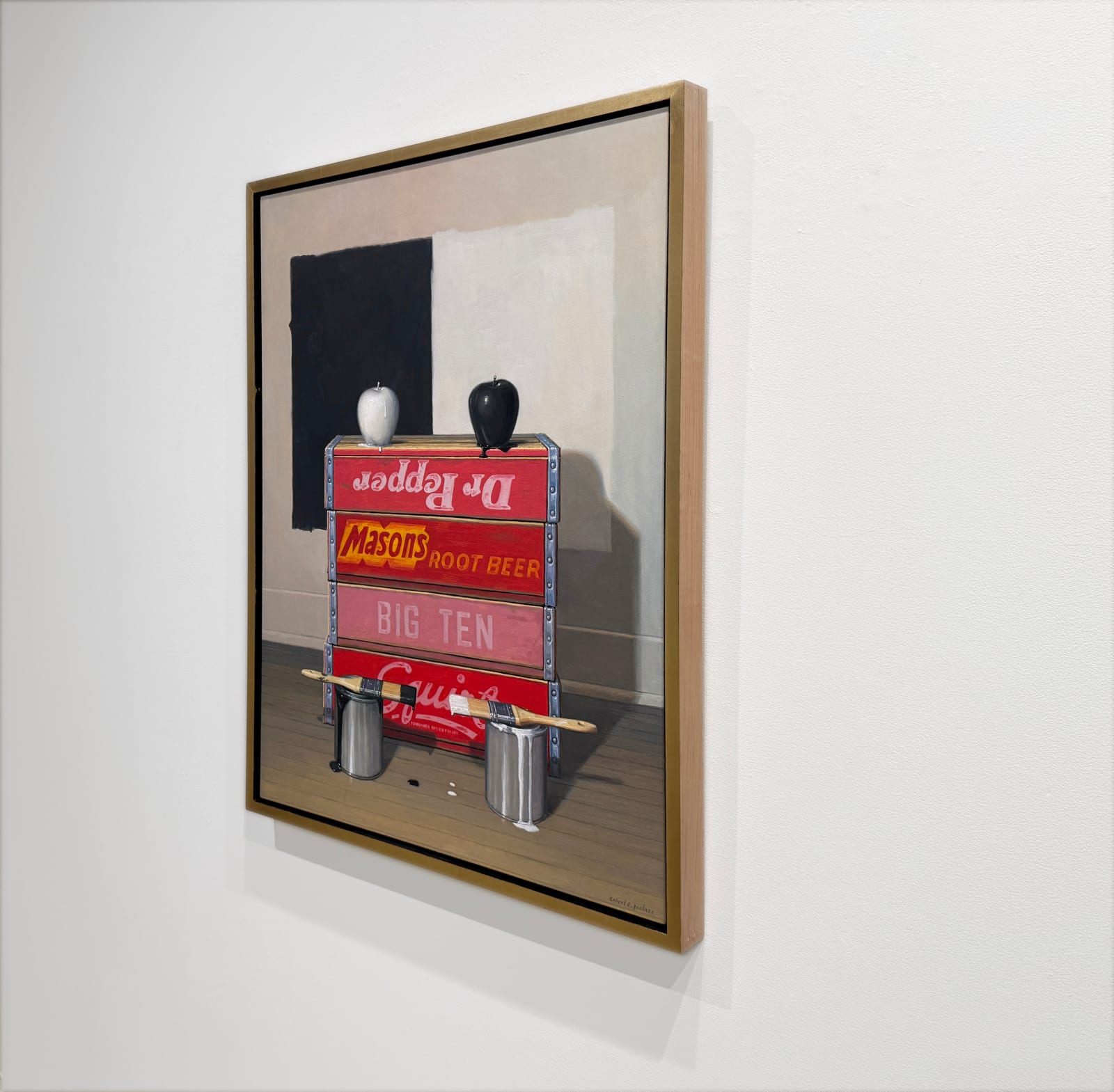 Still life painting of two painted apples on soda boxes