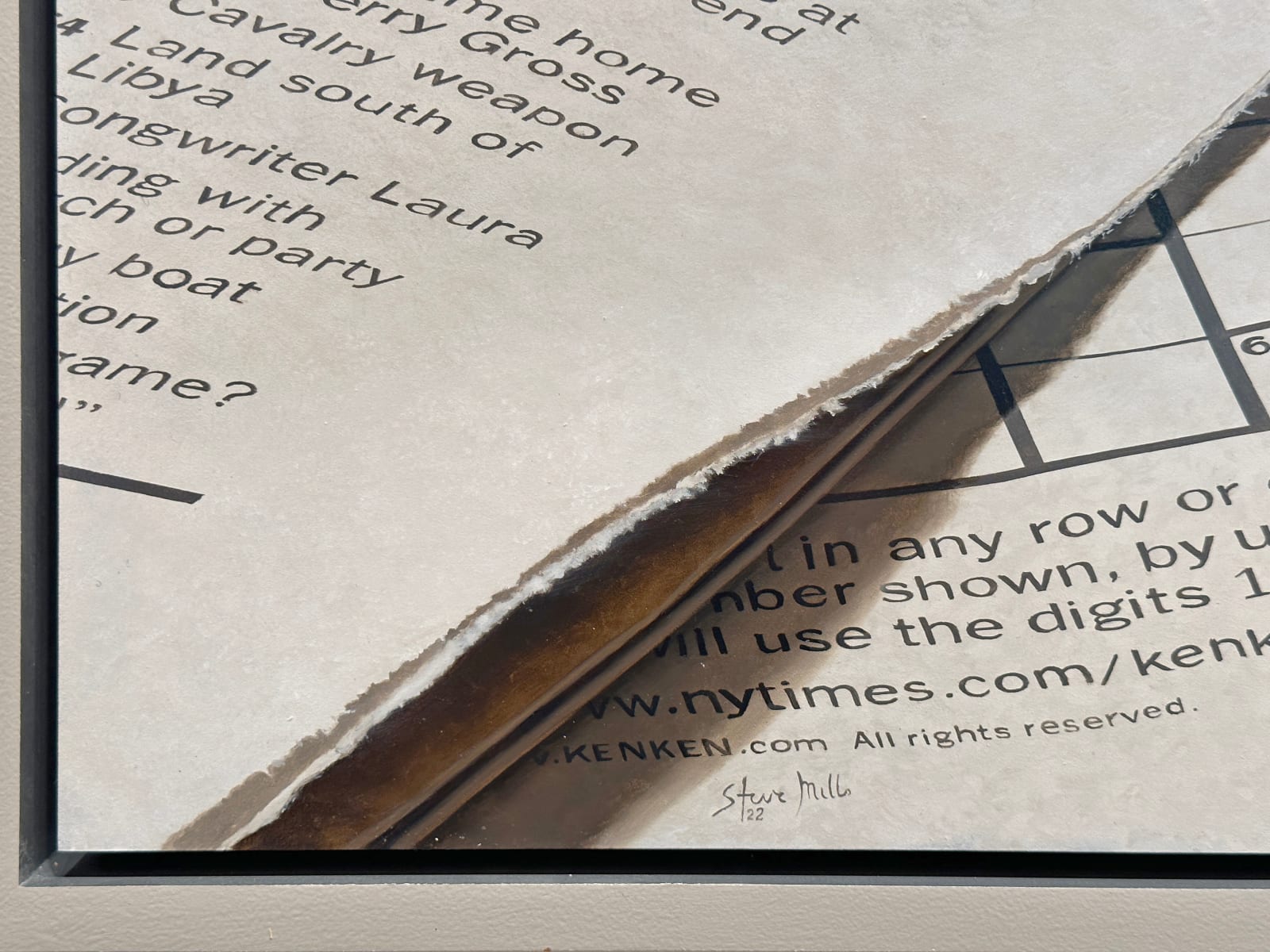 Photorealistic painting of pen, crossword puzzles, and glass of white wine