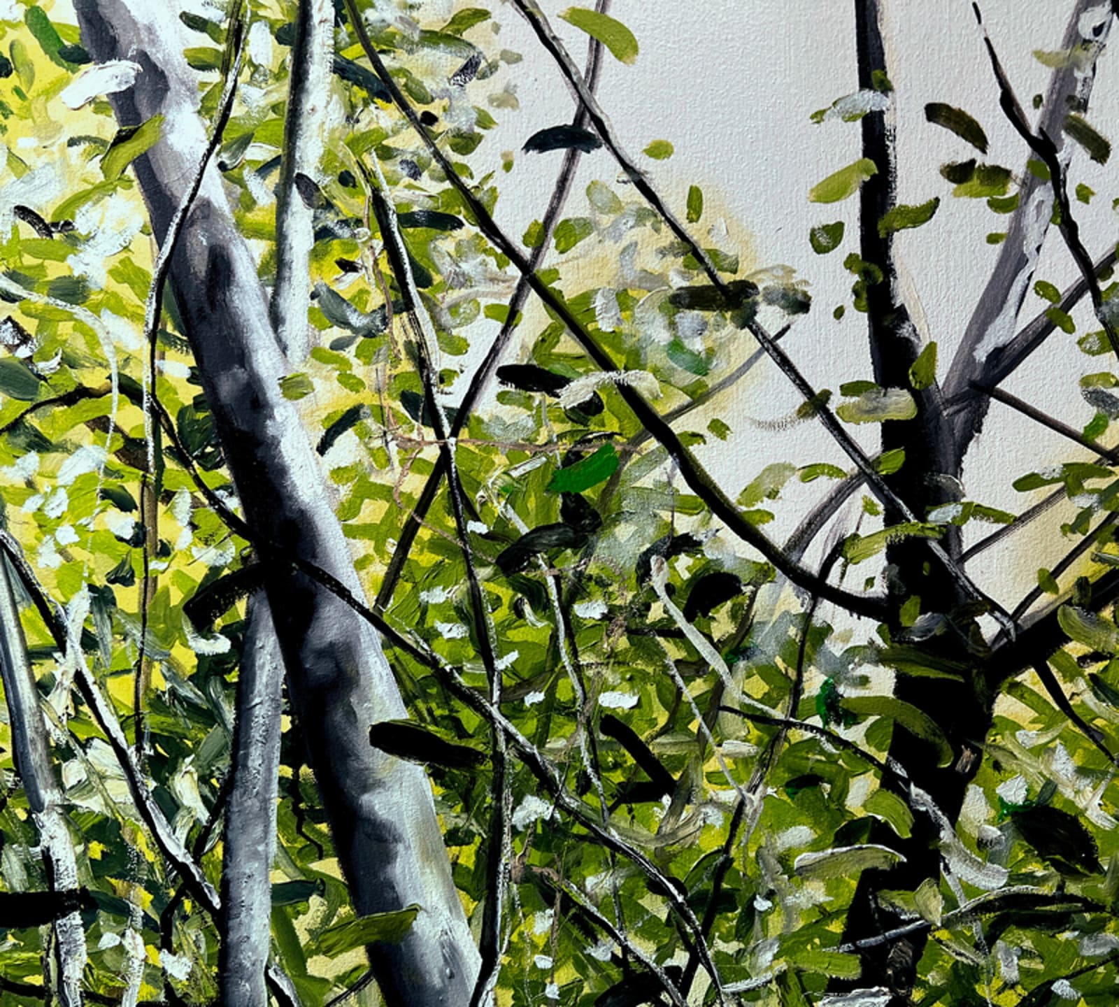 Oil painting of green wooded landscape on canvas