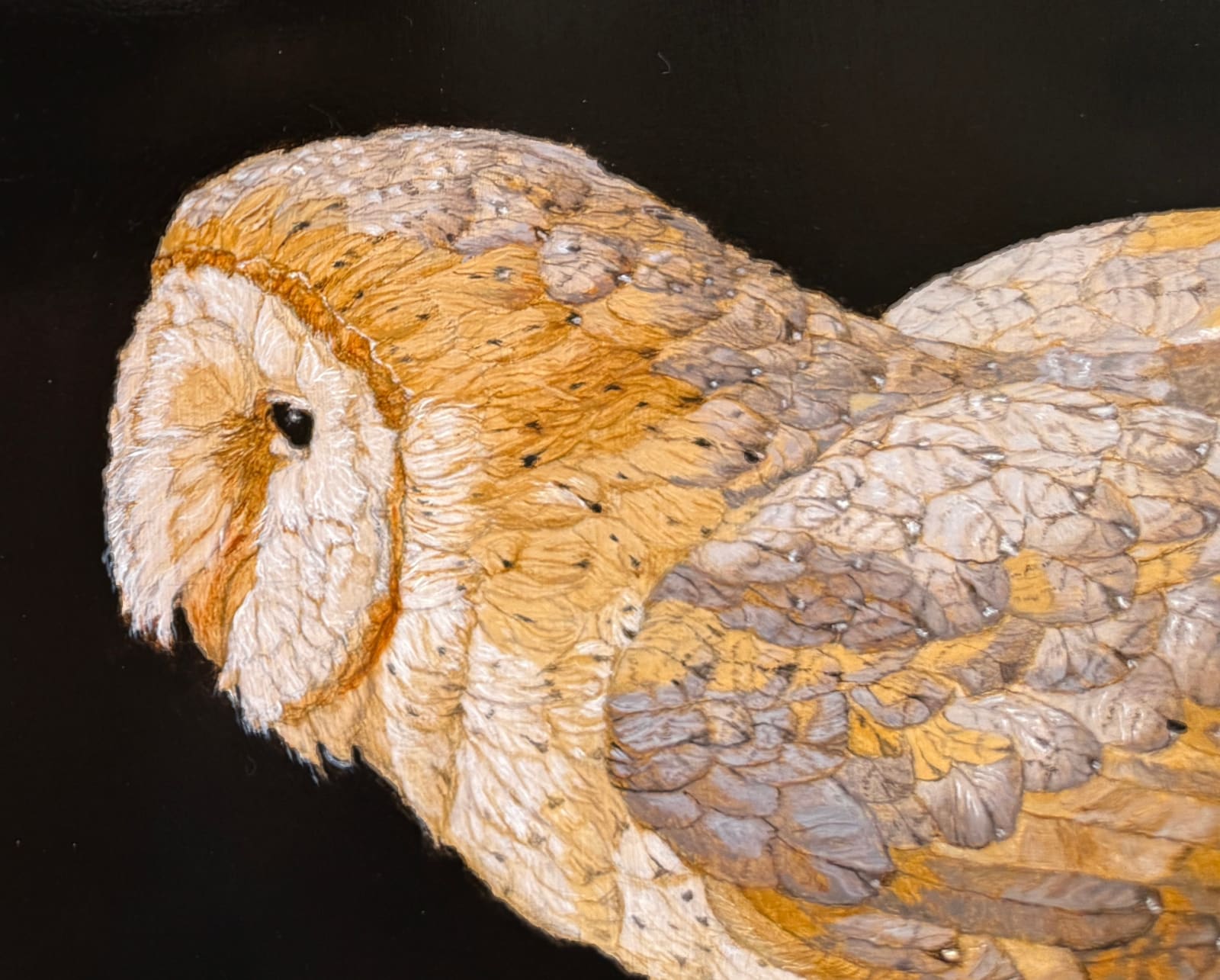 Painting of a brown owl on a ledge