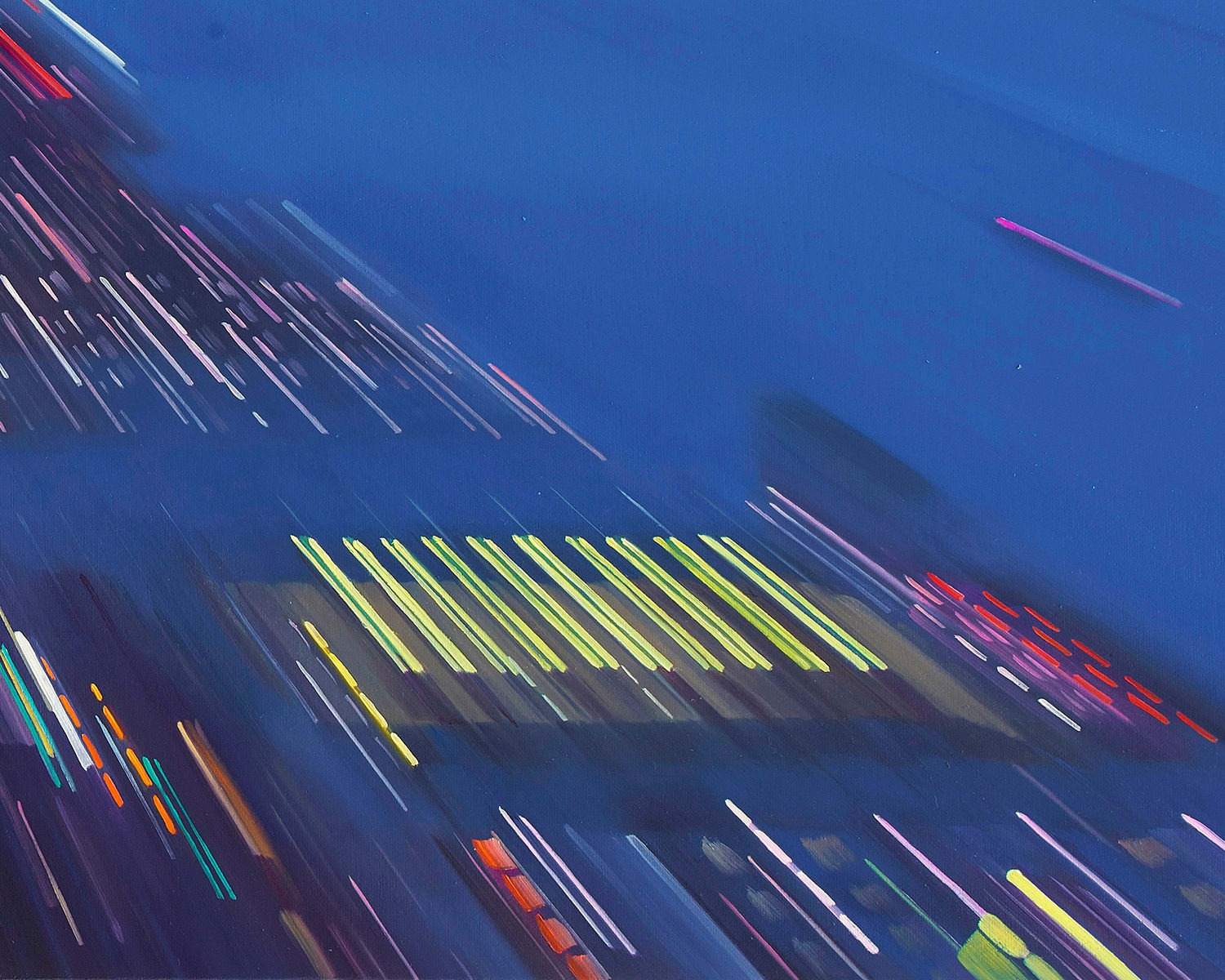 Impressionistic oil painting of city from distant aerial perspective on canvas, view the World trade Center, Downtown Manhattan, the Hudson River and Verrazano Bridge at dusk, Hudson Yards and Chelsea Piers are viewable on the right