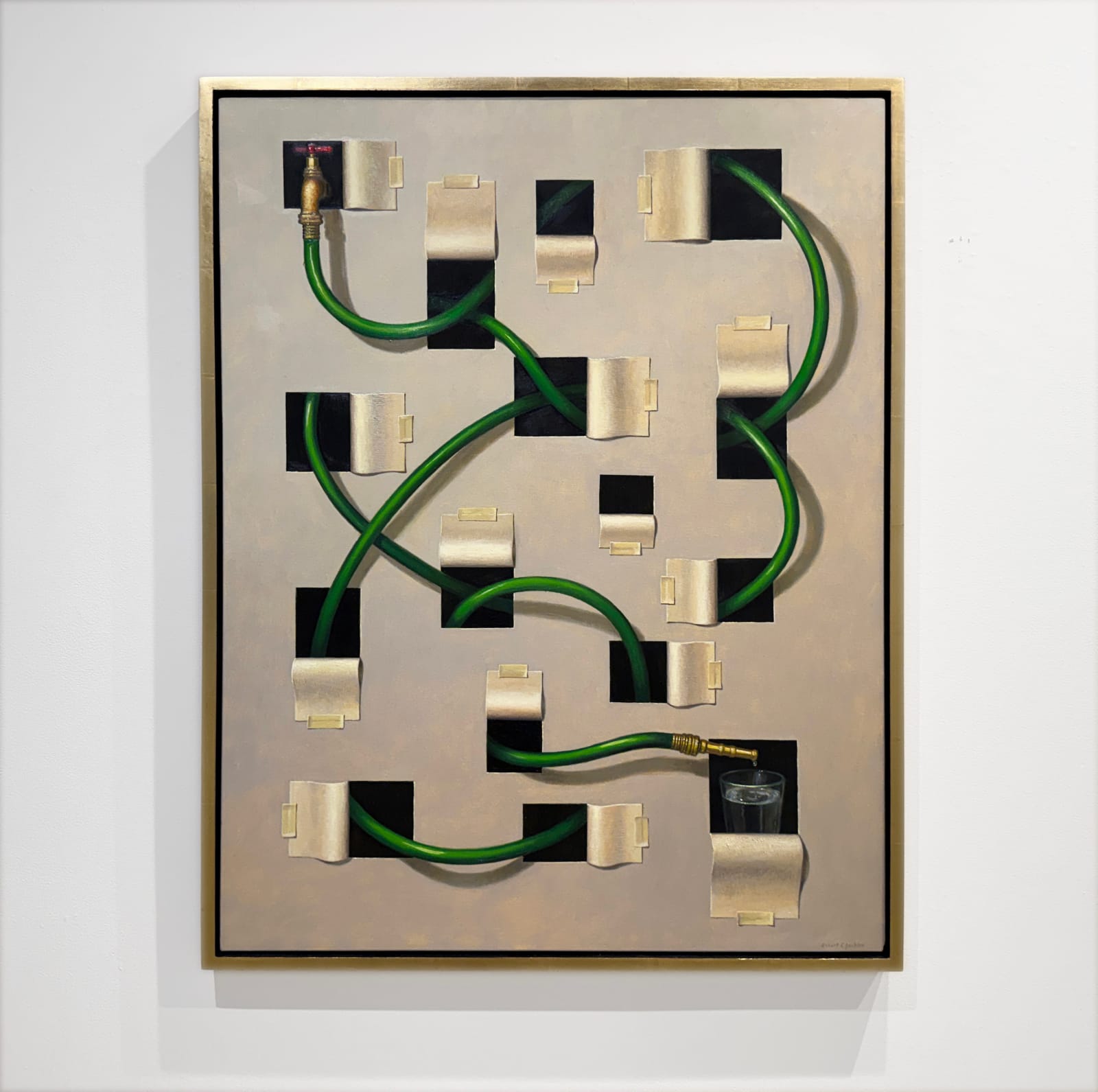 Painting of a hose winding through paper cut outs