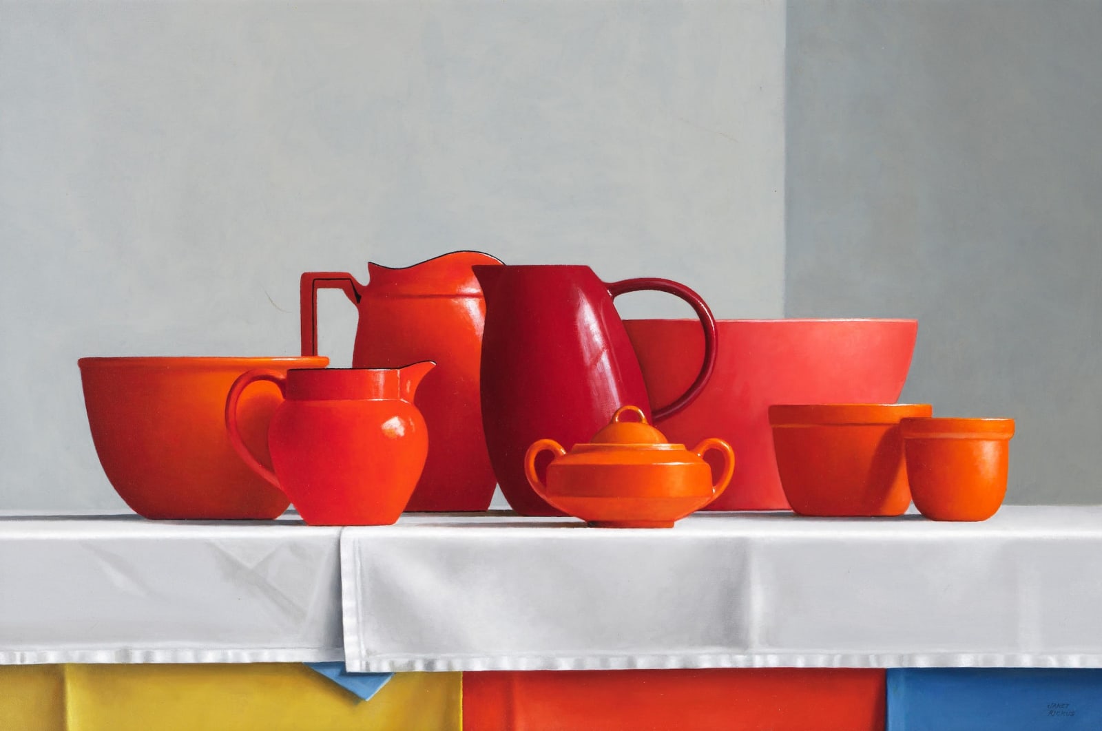 Painting of a still life with red vessels