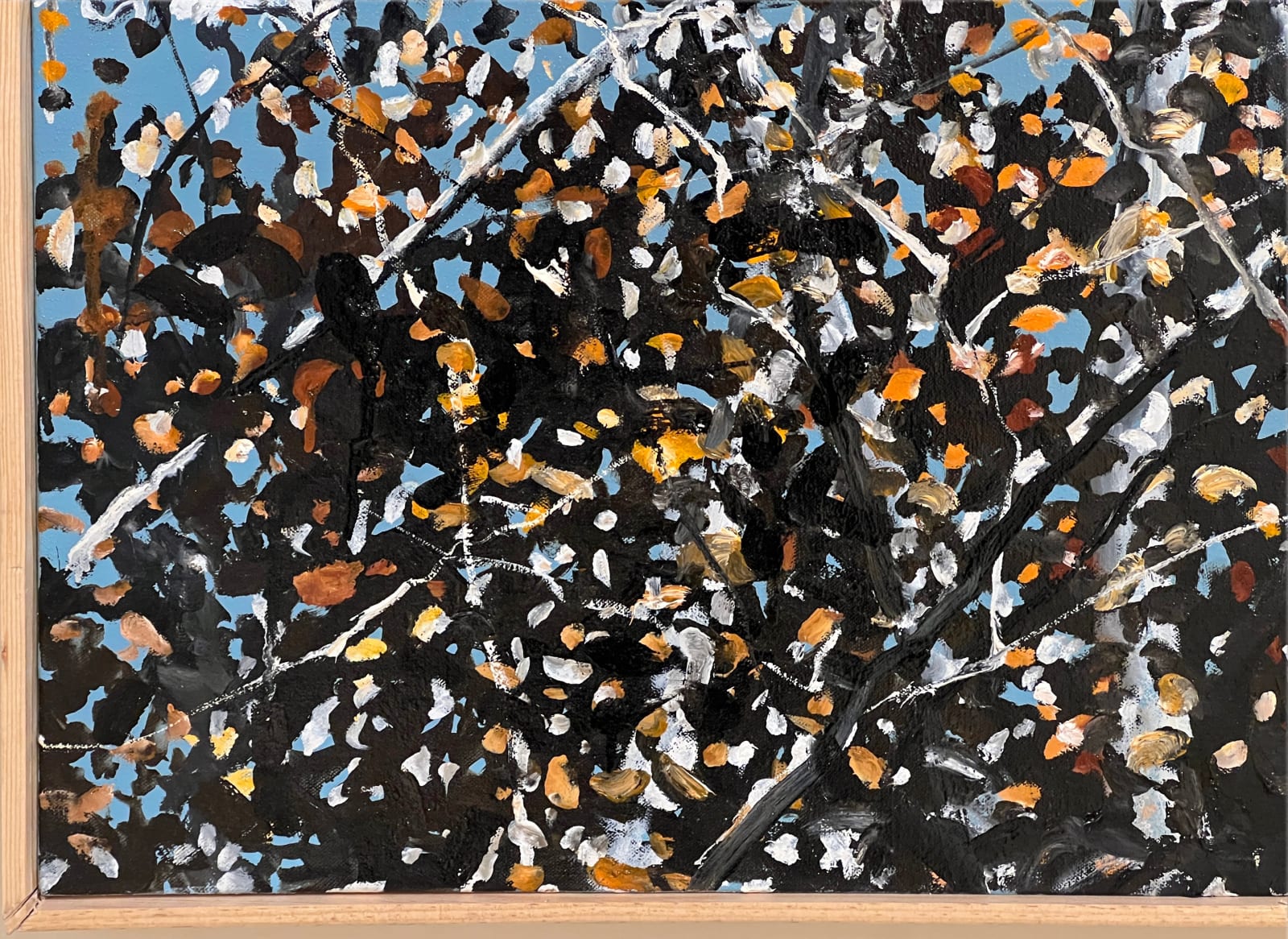 Landscape oil painting of dense woods with blue background on canvas