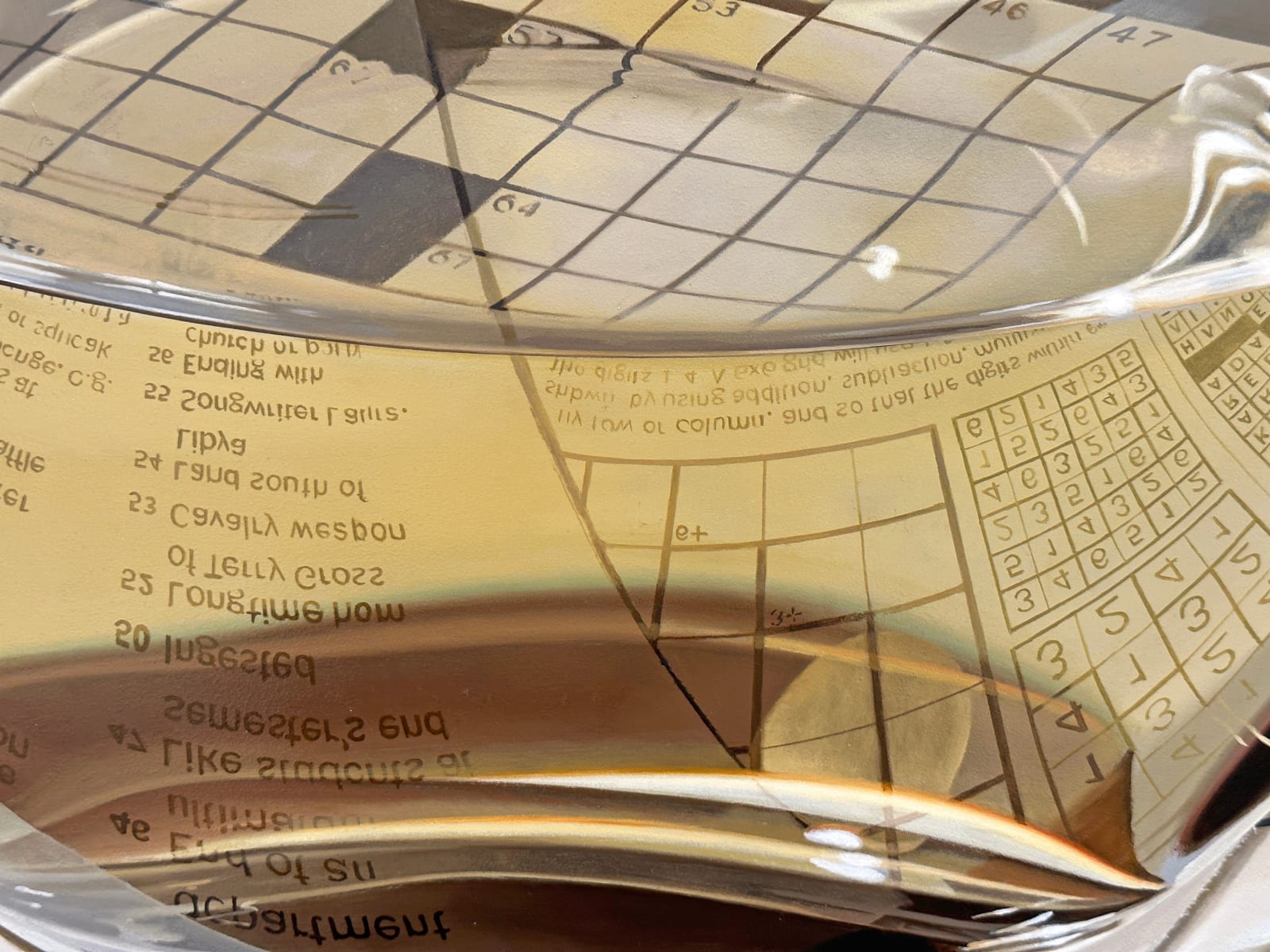 Photorealistic painting of pen, crossword puzzles, and glass of white wine