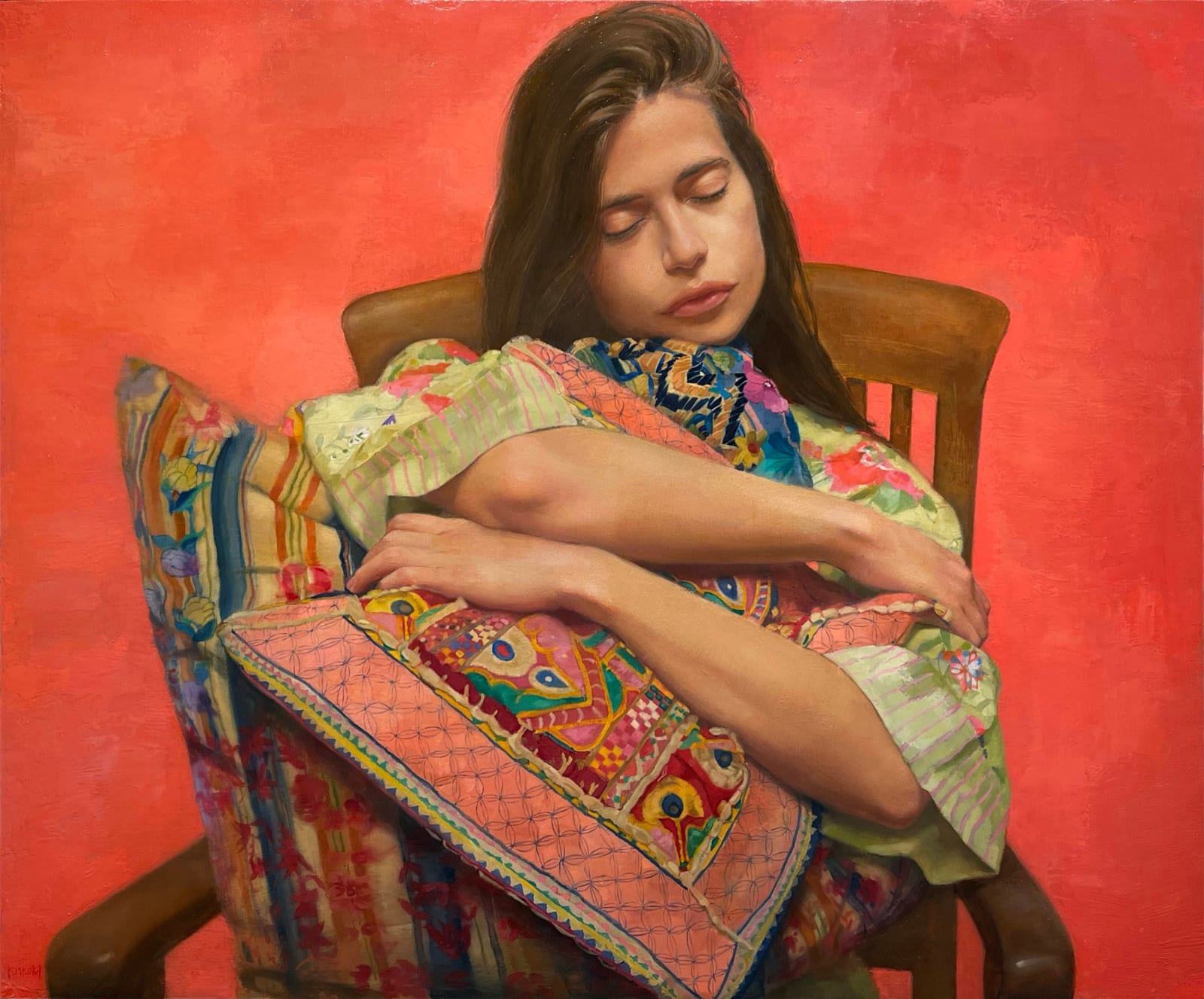 Figurative oil painting of girl sitting and clutching pillow on panel